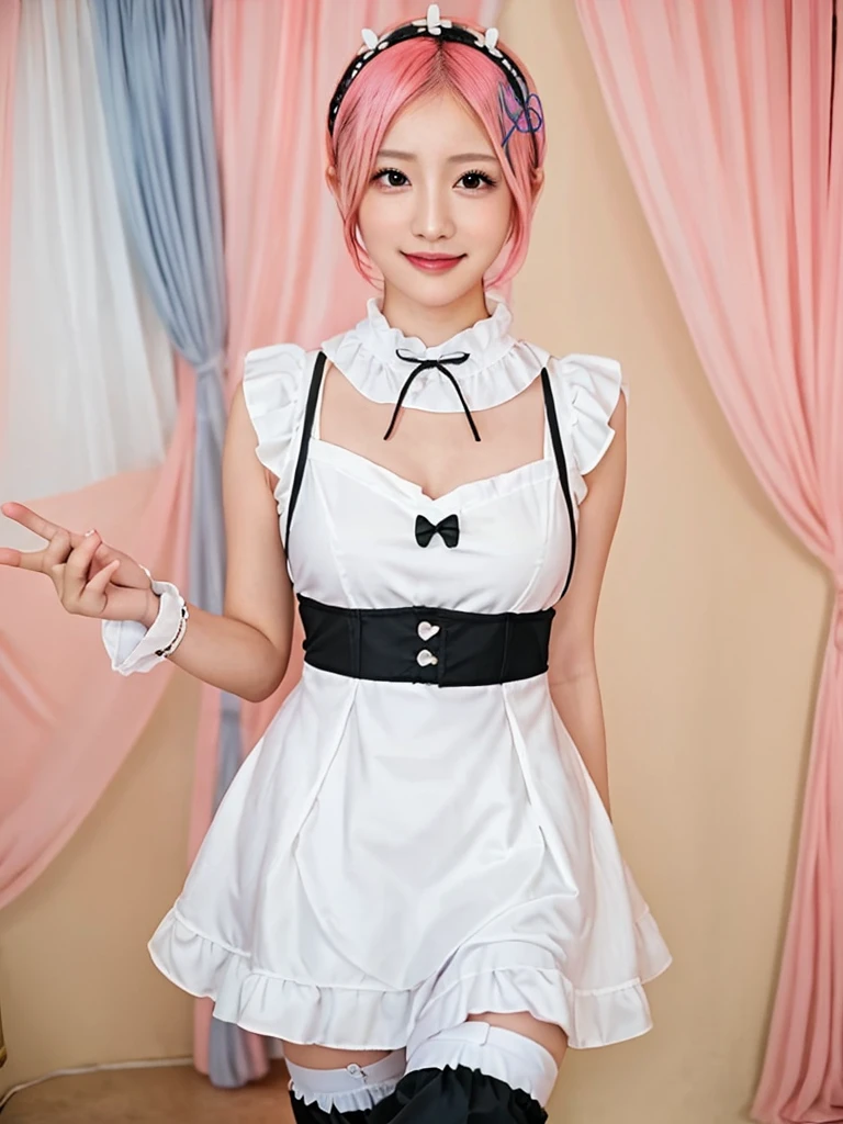 Accurate depiction with high resolution,(8K, Photorealistic, Raw photo, of the highest quality: 1.3), (1girl in), Super beautiful, (Realistic face), (boyish, pink Color Berry Shorthair), Beautiful , Glare that captivates the viewer, Beautiful expression, Beautiful breasts, (Realistic skin), Be...Create a detailed and colorful image of Ram and Rem from Re:Zero, standing back-to-back in their maid outfits, with a magical fantasy background、14years old, two girls,cute, perfect face, beautiful, nice body, gothic lolita clothes, gothic lolita fashion, frilly skirt, headdress, necklace, bracelet, knee-high socks, boots, double eyelids, tear bags, Detailed down to the fingers, photo-like description, indoors, dim indoor lighting, one girl is pink hair and short bob, another girl is light blue hair and short bob,standing,whole body, composition that shows the whole body, smiling,The Both of them are wearing the same type of maid outfit,Optimal ratio of 4 fingers and 1 thumb,walking