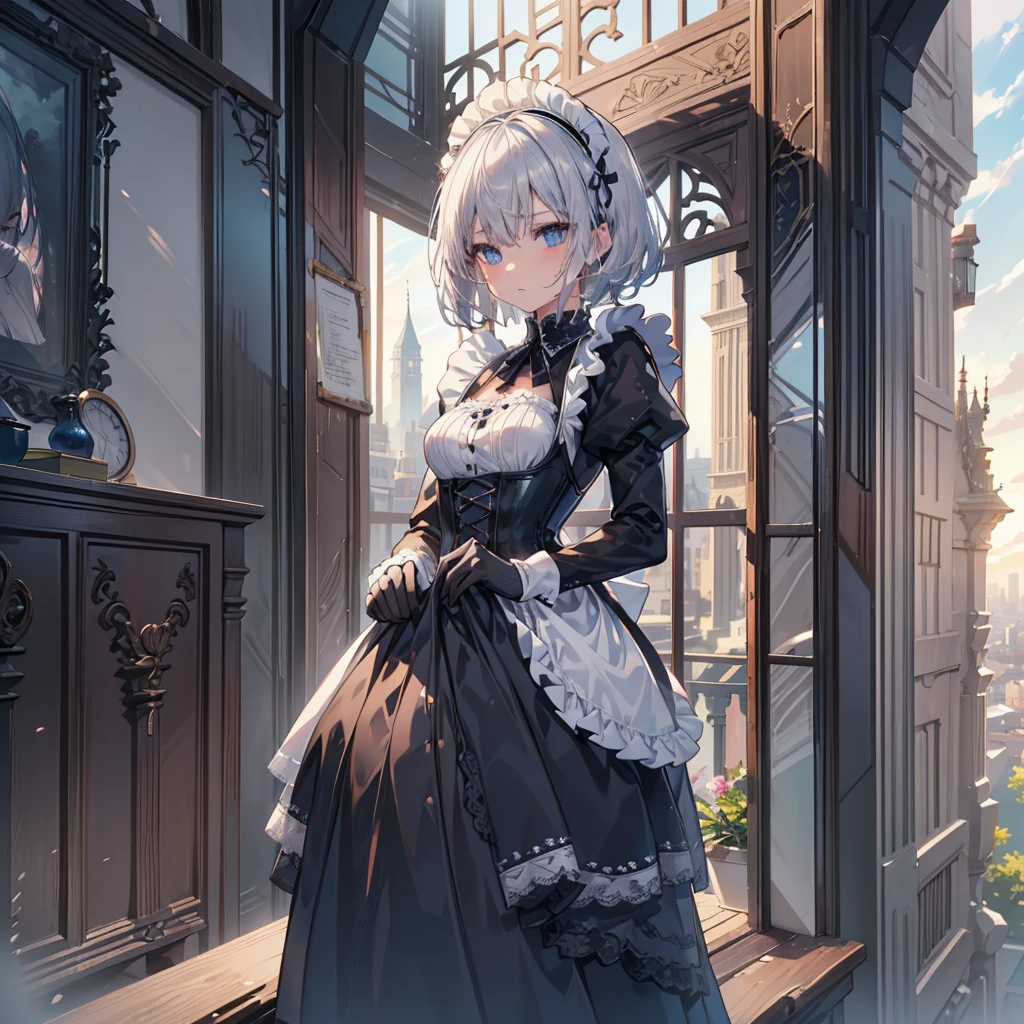 Dengeki Bunko, Woman Looking Back, Perfect Human Medicine, {{{{{Maid clothes}}}}},Small Tits,Anime Assortment,Cool,{{{{{50 year old woman}}}}} ,{{{{{a person is depicted}}}}},(Official Art、{{{{{Upper Bodyアングル}}}}},Highest quality、Unity 8k wallpaper、32k、masterpiece、Ultra-detailed、Ultra-high resolution, Realistic、Grab your hair with your hands, Photorealistic:1.2)、(Cinema Lighting:1.2)、,Fire Glow Effect、The most grainy shadows on the film、Rim Light、Side light、Side Shot、(Ultra-detailedで複雑な3Dレンダリング)、Very short hair, Short wolf hair,細部までBeautiful Faceと目、Sharp pupils、Realistic生徒、Slender、white maid hat, Highly detailed background、Beautiful Face、Beautiful 16 year old girl、(Ultra-detailedなスキン、Detailed skin texture:1.Silver Hair:1.3)、Blunt bangs、blue eyes、{{{{{黒いMaid clothes}}}}}、White apron costume、Black knee socks、(Thighs Thighs Thighs Thighs:0.8)、Black Bhutanese sticks and a beautiful sunset、Medieval castle、Dancing on the Tower Roof、(avert your eyes、Overlooking the city:1.3)、Fantastic、Close your mouth and bite, Makes your face smaller, (Tabletop), Highest quality, Perfect Face, 1 Girl, alone, Eye color is light blue, Hair between the eyes, Very Short Hair, blue eyes, Silver Hair, Knee-high boots, corset,Black gloves, Long sleeve,  Upper Body,