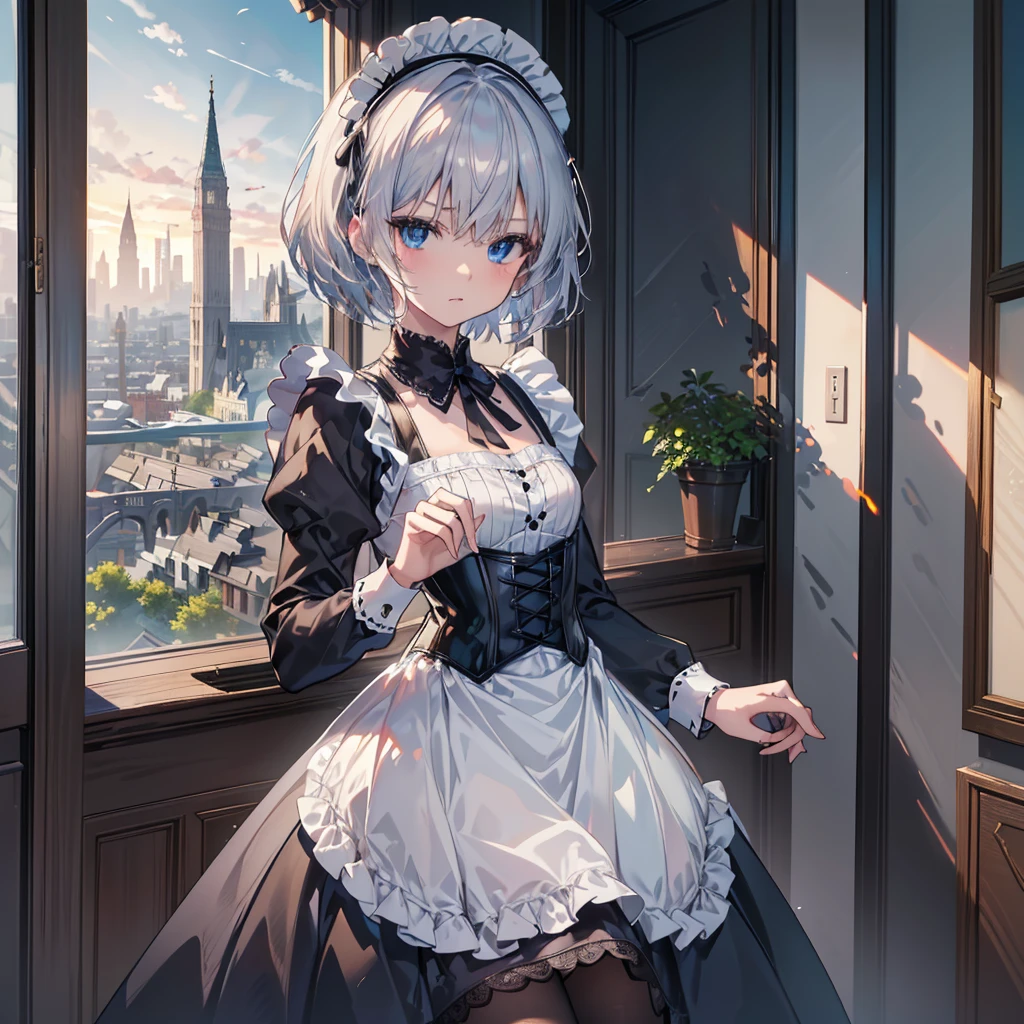 Dengeki Bunko, Woman Looking Back, Perfect Human Medicine, {{{{{Maid clothes}}}}},Small Tits,Anime Assortment,Cool,{{{{{50 year old woman}}}}} ,{{{{{a person is depicted}}}}},(Official Art、{{{{{Upper Bodyアングル}}}}},Highest quality、Unity 8k wallpaper、32k、masterpiece、Ultra-detailed、Ultra-high resolution, Realistic、Grab your hair with your hands, Photorealistic:1.2)、(Cinema Lighting:1.2)、,Fire Glow Effect、The most grainy shadows on the film、Rim Light、Side light、Side Shot、(Ultra-detailedで複雑な3Dレンダリング)、Very short hair, Short wolf hair,細部までBeautiful Faceと目、Sharp pupils、Realistic生徒、Slender、white maid hat, Highly detailed background、Beautiful Face、Beautiful  girl、(Ultra-detailedなスキン、Detailed skin texture:1.Silver Hair:1.3)、Blunt bangs、blue eyes、{{{{{黒いMaid clothes}}}}}、White apron costume、Black knee socks、(Thighs Thighs Thighs Thighs:0.8)、Black Bhutanese sticks and a beautiful sunset、Medieval castle、Dancing on the Tower Roof、(avert your eyes、Overlooking the city:1.3)、Fantastic、Close your mouth and bite, Makes your face smaller, (Tabletop), Highest quality, Perfect Face, 1 Girl, alone, Eye color is light blue, Hair between the eyes, Very Short Hair, blue eyes, Silver Hair, Knee-high boots, corset,Black gloves, Long sleeve,  Upper Body,