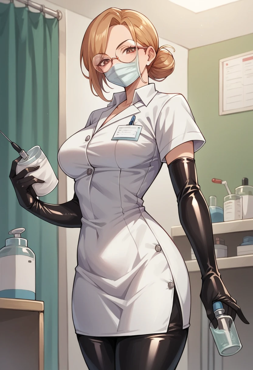 1girl, round glasses, ((elbow gloves)), ((latex gloves)), ((surgical gloves)), ((doctor outfit)), ((long sleeves)), (medical mask)), looking at viewer, standing, solo, femdom, 1boy, small dick
