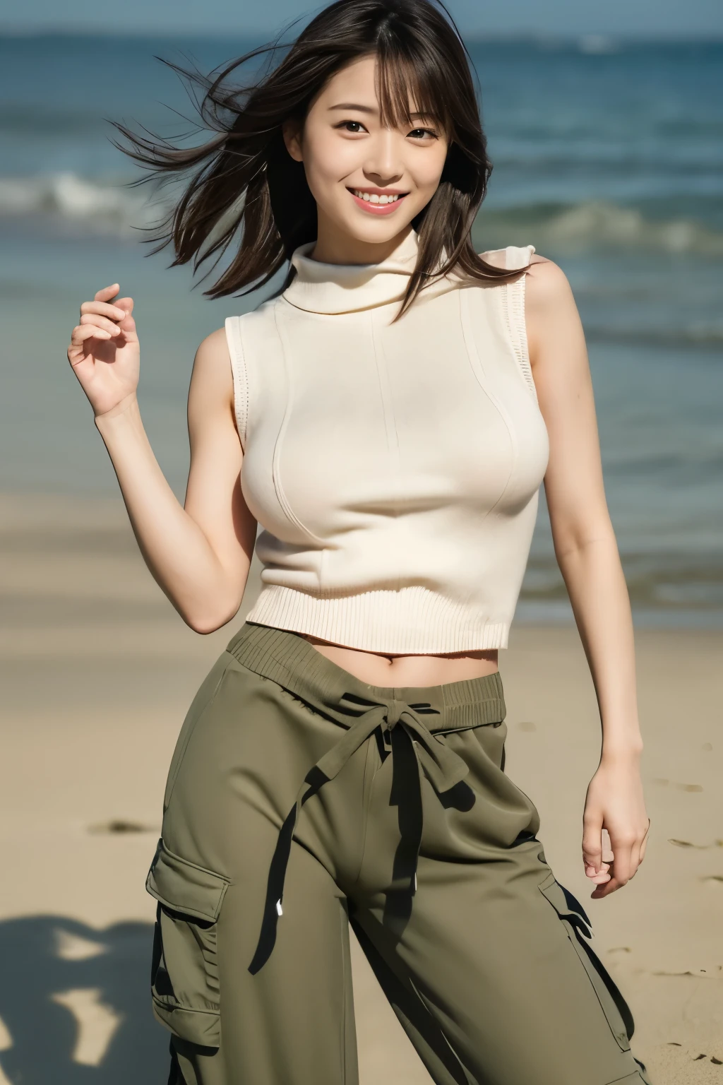 (((Wear a light knit)))、(((smile))),(((cargo pants))),(((1 Girl))),Full Body Shot、At the beach in Shonan、Japanese,16 years old, Medium Black Hair,I have a few freckles,Big Breasts、,Proper body balance,Ultra-high quality output images,High resolution,Intricate details,Her hair blowing in the wind is so delicate and beautiful,Realistic photos,dream-like,Professional Lighting,Realistic Shadows,Focus Only,Beautiful Hands,Beautiful fingers,Detailed characteristics of hair,Detailed facial features, Good style、White small high leg panties,,Dynamic pose、、