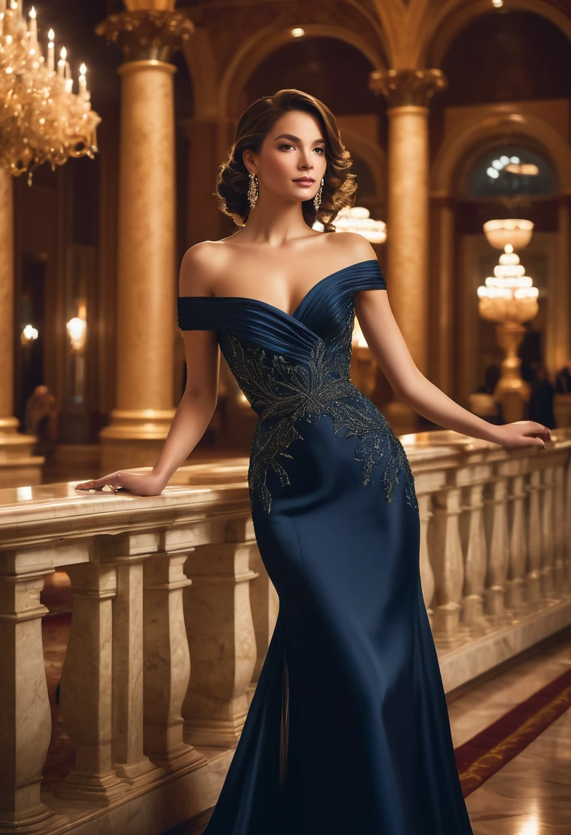 Full length ,"A young woman in an elegant, evening gown off the sholder attending a formal event. She is wearing a uniquely designed and beautiful dress, complemented by luxurious jewelry and accessories. The background features a grand and lavish hall with warm, inviting lighting, showcasing a scene of splendor and beauty."