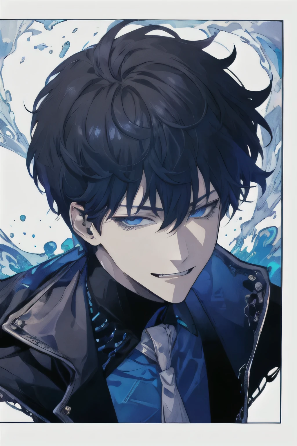 1 guy, (sly smile), short hair, jellyfish hairstyle, (black hair), (Blue eyes), small fangs, portrait, (detailed face, Detailed eyes), shirt, mantle, mystery, (the villain), Sits and looks at the viewer