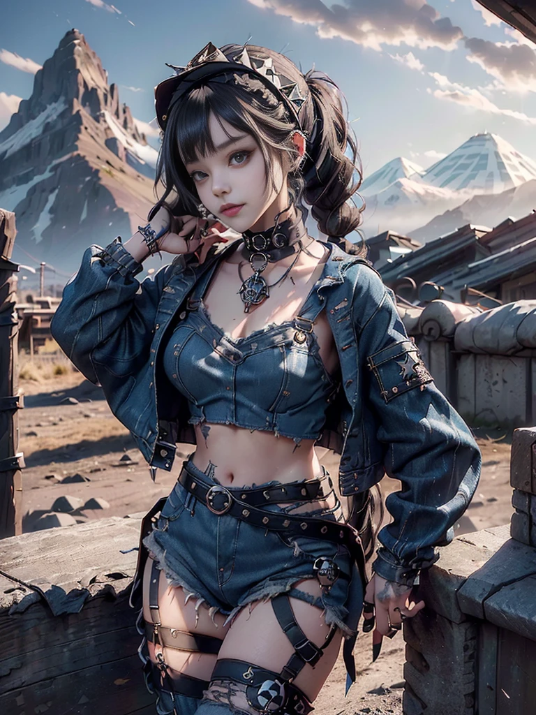 (Full Body View:1.3)、(Beautiful lips and nose:1.4)、(Long eyelashes:1.4)、(Side view:1.1)、(Smiling with teeth showing:1.3),(Shibuya Gal:1.5)、(Gothic Lolita delicately decorated dress:1.5)、(Tattered denim and black punk rock cargo pants:1.5)、(Denim and black navy skull mark small jacket:1.4)、(denim garter belt:1.5)、(Black and denim knee socks:1.3)、(Skull Silver Accessories:1.5)、(Denim collar:1.3)、(Brown Skin Belt:1.4)、(Brown boots:1.2)、(The underwear is striped:1.4)、31 years old、((Highest quality、In 8K、masterpiece:1.3))、Sharp focus:1.2、(Layered Cut、Huge boobs:1.1),Beautiful woman with perfect figure:1.4、(Dancing vigorously:1.3)、Slender Abs:1.2、Highly detailed face and skin texture、Detailed eyes、double eyelid,(Twin tails:1.3)、(Black brown hair:1.3)、Gravure idol、(The background is a vast mountain with a clear view々Beautiful luxury resort destination in Europe:1.3)、(Slim body:1.2),(Make your legs thinner:1.4),(clavicle:1.1)