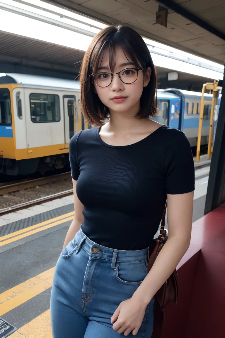 (8K、Raw photo、Highest quality、masterpiece:1.2)、(Realistic、Photorealistic:1.37)、Ultra-detailed、Ultra-high resolution、1 girl、Seeing the viewer、Beautifully detailed face、Laughter、narrow、(Slim waist) :1.3)、shortcut、Beautifully detailed skin、Skin Texture、Floating Hair、Professional Lighting、Waiting for the train on the platform、Black-rimmed square glasses 、Human whole body、Brown Hair