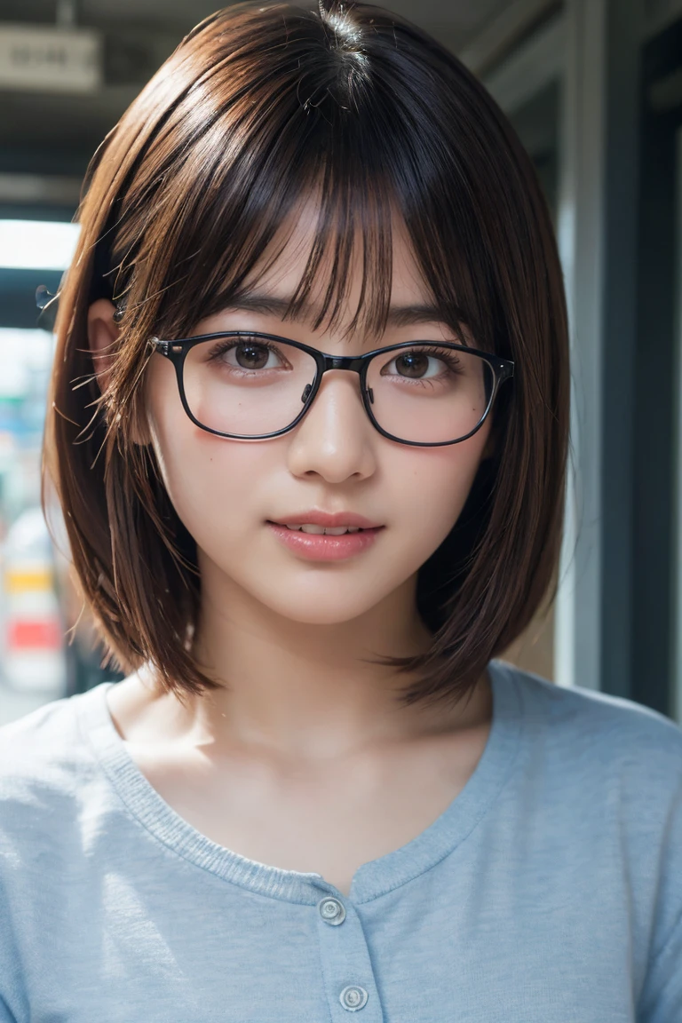 (8K、Raw photo、Highest quality、masterpiece:1.2)、(Realistic、Photorealistic:1.37)、Ultra-detailed、Ultra-high resolution、1 girl、Seeing the viewer、Beautifully detailed face、Laughter、narrow、(Slim waist) :1.3)、shortcut、Beautifully detailed skin、Skin Texture、Floating Hair、Professional Lighting、Waiting for the train on the platform、Black-rimmed square glasses 、Human whole body、Brown Hair