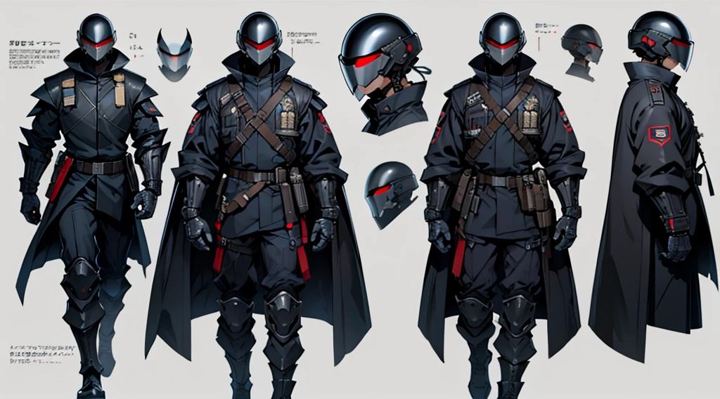 Character design sheet、male、Black military uniform、Body Armor、Full Face Cyber Helmet