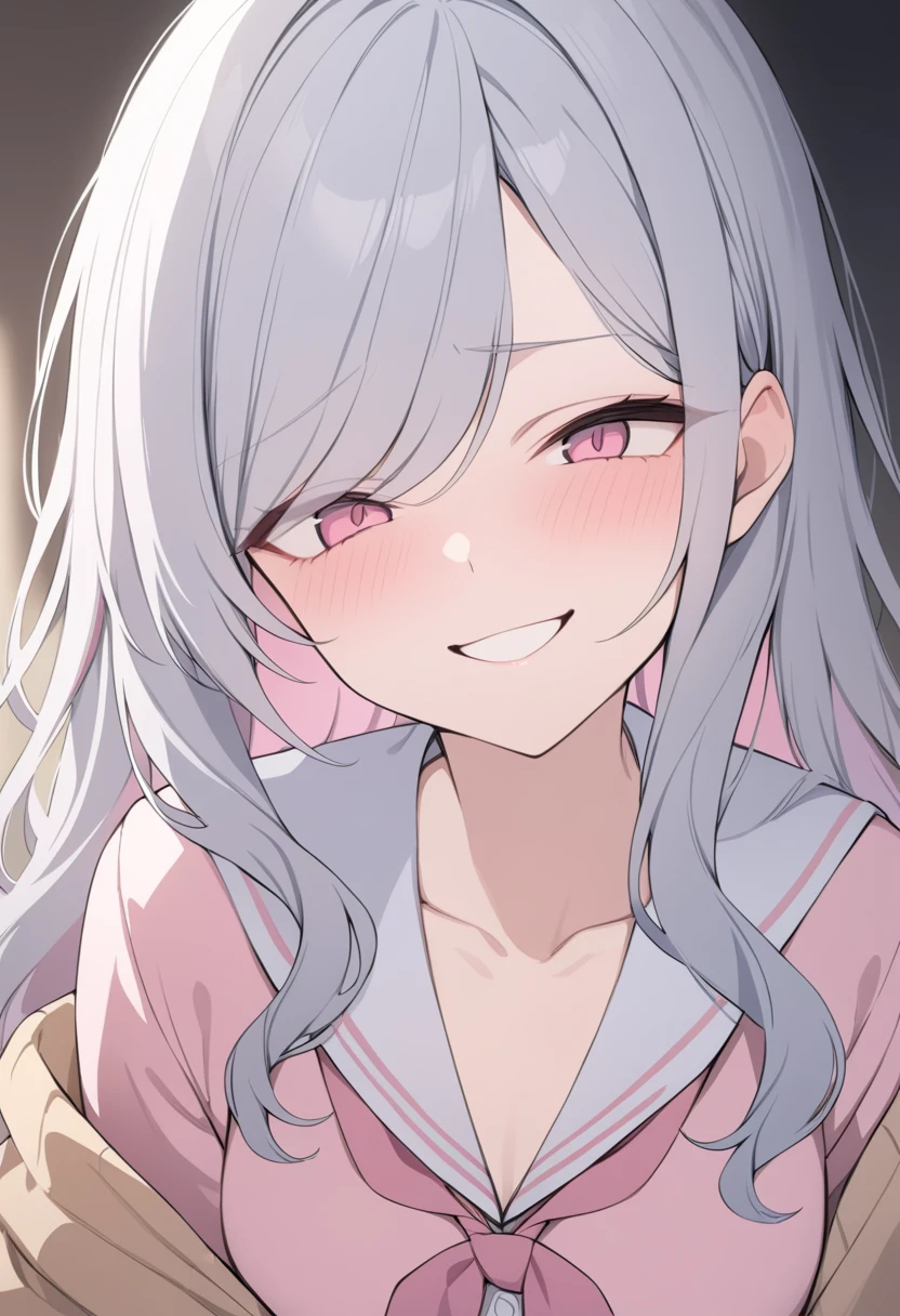 masterpiece,best quality,closeup-face,girl, smirk,long wavy hair,silver hair,pink inner hair,swept bangs,droopy eyes,pink eyes,pink school uniform,cardigan,