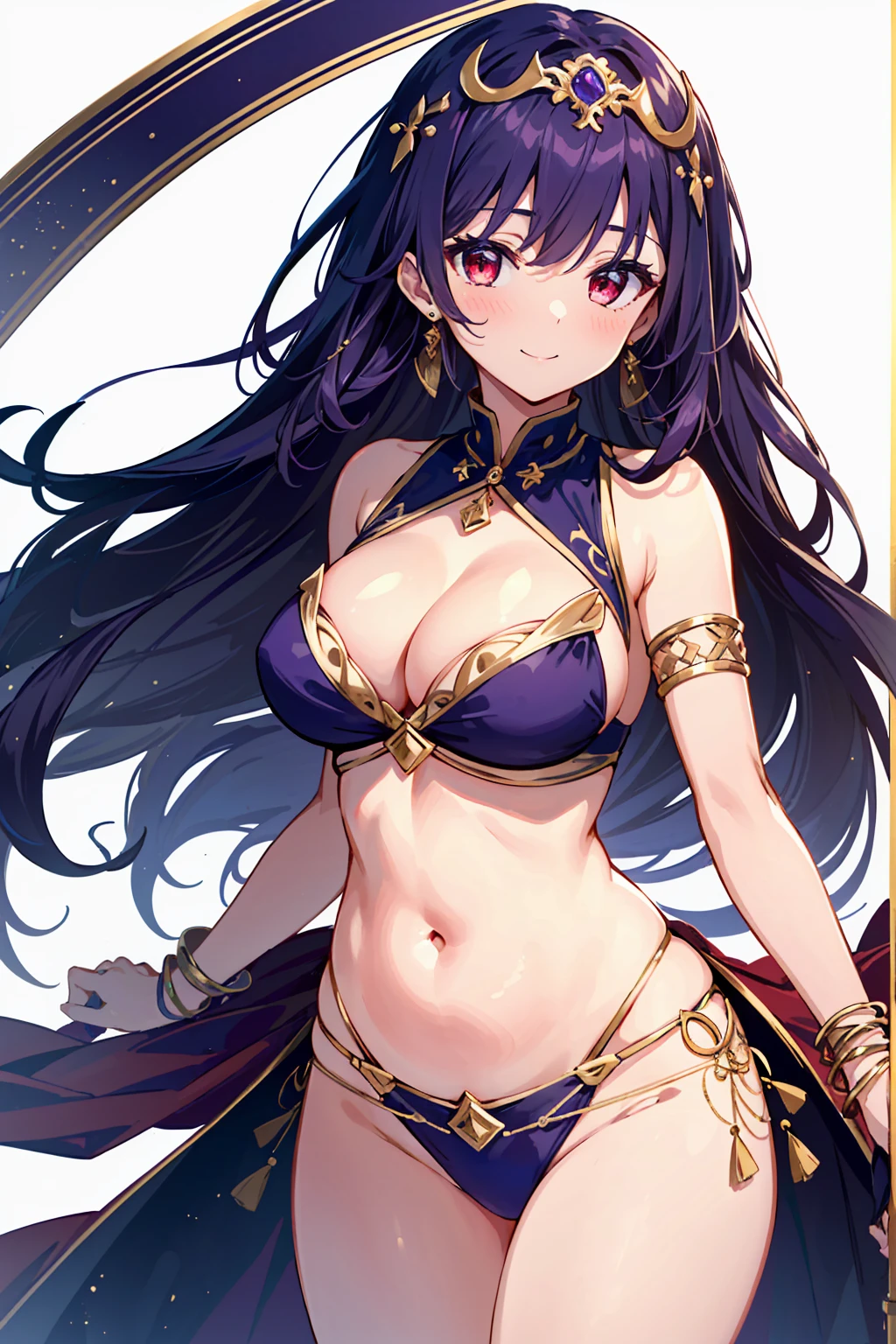 high quality, ultra detailed, best quality, insanely detailed, beautiful, masterpiece, 1girl, belly dancer, white background, cowboy shot, red eyes, long hair, purple hair, harem outfit, bikini, pelvic curtain, purple costume, bare legs, circlet, earrings, armlets, bracelets, bashful smile, large breasts, cleavage, soft stomach