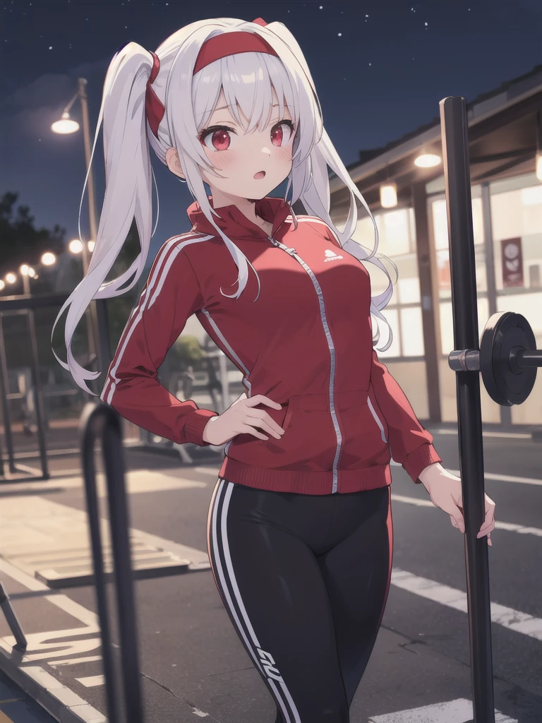 night,Outdoor,girl,Red eyes,Long twin tails,Run,Gym suit,Red headband,