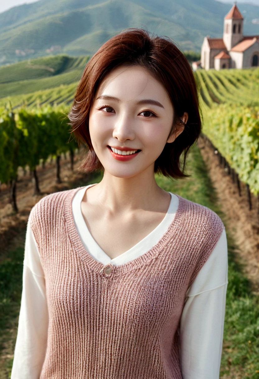 8k best picture quality, Beautiful 36-year-old Korean woman, I have good skin and clear and pretty eyes.. clear and nice weather. Chest size 34 inches, italian countryside, past the vineyard, The cathedral is visible in the fog in the distance., The back background is realistic and vivid image quality, Short and medium hair blowing in the wind, Wearing high-end luxury knitwear. casual pants, Smile. the background is clear, Short and slim Korean woman, stand far away, Photo taken with a wide-angle lens, 1 woman