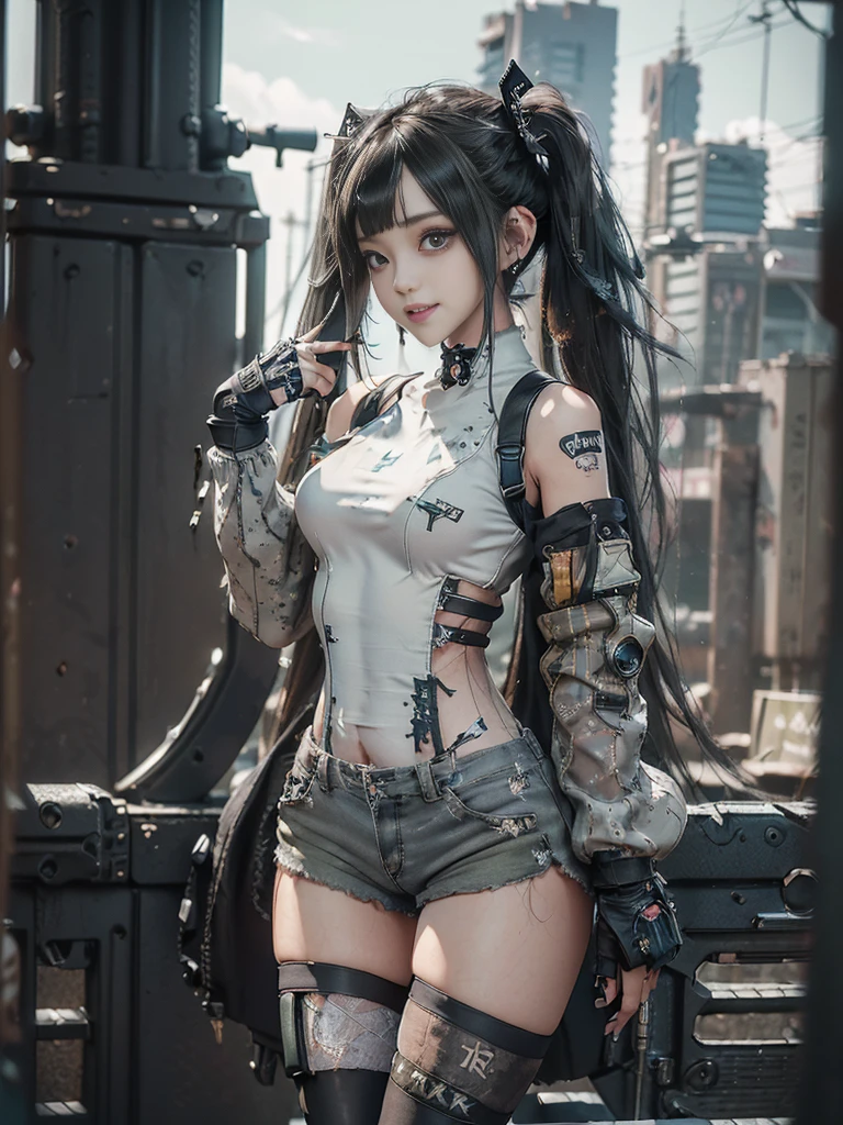 (Full Body View:1.3)、(Side view:1.1)、(Please smile with your teeth showing:1.4),(Shibuya Gal:1.5)、(Gothic Lolita style fashion:1.5)、(Tattered khaki and gray futuristic micro high leg bodysuit:1.5)、(Tattered Khakis and White Micro Fancy Sleeves:1.5)、(Tattered khaki micro shorts:1.5)、(Brown and khaki knee socks:1.3)、(camouflage:1.3)、(Military jacket:1.4)、Brown boots、Khaki gloves、internal、(The underwear is striped:1.4)、23 years old、(do a gravure pose:1.3)、((Highest quality、8K、masterpiece:1.3))、One girl、The beauty of slim abs:1.3、(Hairstyle Casual、Big Tits:1.1)、dress:1.1、Super small face、Narrow eyes、double eyelid、Laughter、Esbian all over、Dynamic Angle、Close-up、CPL Filter、Blurred Background、Bokeh、Blue Hour、Detailed face and skin texture、Detailed Eyes,(Twin tails:1.3)、(Black brown hair:1.4)、Gravure idol pose、(The background is the cockpit of a futuristic weapon.:1.3)、(The body is slim:1.2),(Slim legs:1.4),(clavicle:1.1)
