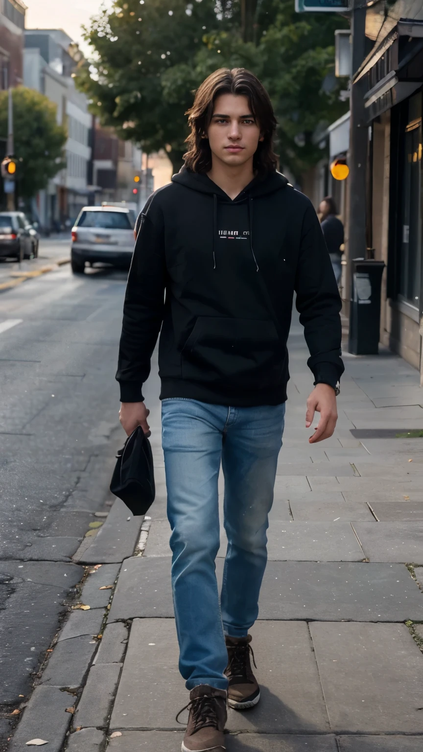(8k, RAW photo, best quality, masterpiece:1.2), (realistic, photo-realistic:1.37), ultra-detailed, masterpiece HDR high quality Picture a young boy, , handsome man, long black messy hair to his shoulder, sharp eyes, blue hoodie, jeans, boots, walking at the sidewalk, expressing a sense of perplexity and curiosity, with a touch of humor, creating a warm and relaxed atmosphere, captured in high resolution (best quality, 4k), with ultra-detailed features, realistic colors, and a touch of bokeh, reminiscent of a candid snapshot.