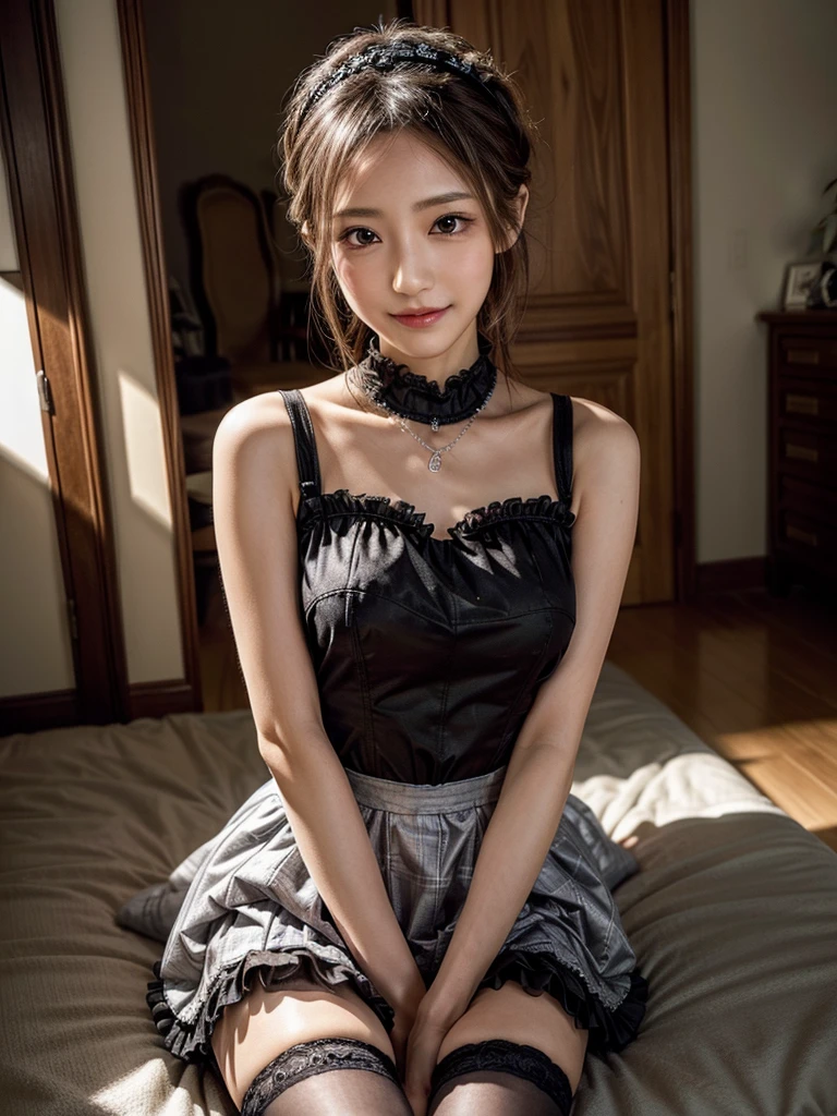 (8K, Photorealistic, Raw photo, of the highest quality: 1.3), (1girl in), Super beautiful, (Realistic face), (boyish, Silver Color Berry Shorthair), Beautiful , Glare that captivates the viewer, Beautiful expression, Beautiful breasts, (Realistic skin), Be...Super high quality, super high definition, super detailed, masterpiece, 20years old, female, cute, perfect face, beautiful, nice body, gothic lolita clothes, gothic lolita fashion, frilly skirt, headdress, necklace, bracelet, knee-high socks, boots, double eyelids, tear bags, Detailed down to the fingers, photo-like description, indoors, dim indoor lighting, blonde hair, pony tail, standing, whole body, composition that shows the whole body, smiling