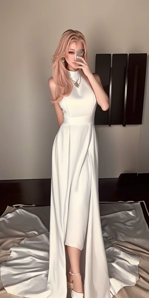 Beauty,Sexy,Clothes unchanged,Look straight ahead,araffe woman in white dress holding a purse and a purse, long white dress, elegant white dress, beautiful long white dress, long dress, smooth white tight clothes suit, light half opened dress, in a long white dress, long dress female, full body white dress, Elegant dress, white lace dress, wearing along white dress, white dress, ancient white dress