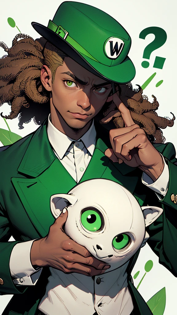 "Create an abstract art image in a monochromatic white and green color scheme, featuring the character Riddler as the focal point. The Riddler should be wearing a green bowler hat and a green blazer with white question marks. He should have dark skin, afro-textured hair, and brown eyes, with his face depicted in a mysterious, partially hidden manner.".
