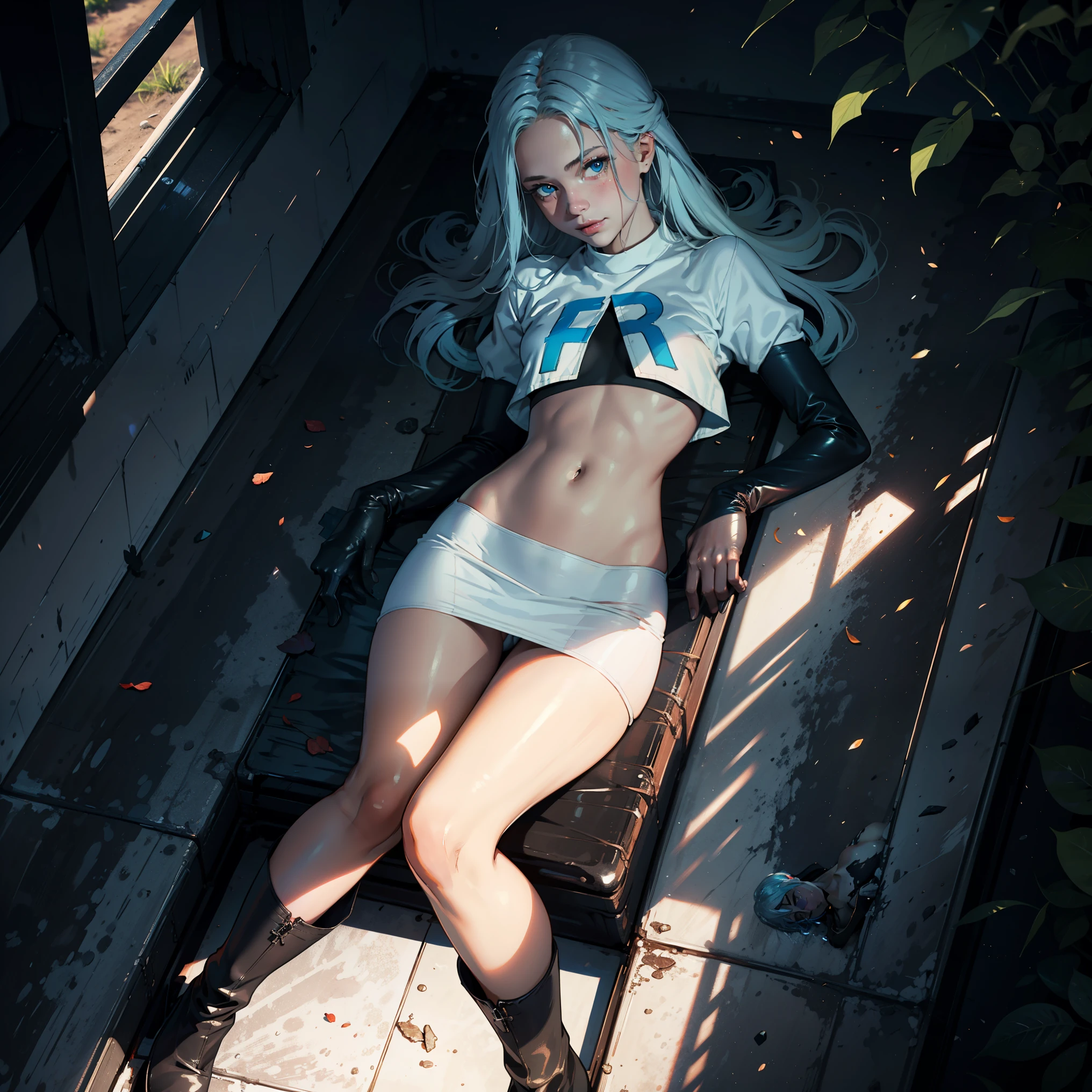 1girl, (solo), very long straight hair, light blue hair, flat chest, small size, blue eyes, fair skin, glossy lips, team rocket uniform, blue letter A, white skirt, white crop top, black thigh-high boots, black elbow gloves, smile, looking down on viewer, Lying down, legs crossed, naked sex, sex view, full body, (days), sun, out forest, (very sexy body, detailed face, masterpiece, highly detailed, 8k, best quality, vibrant colors, digital art, concept art)