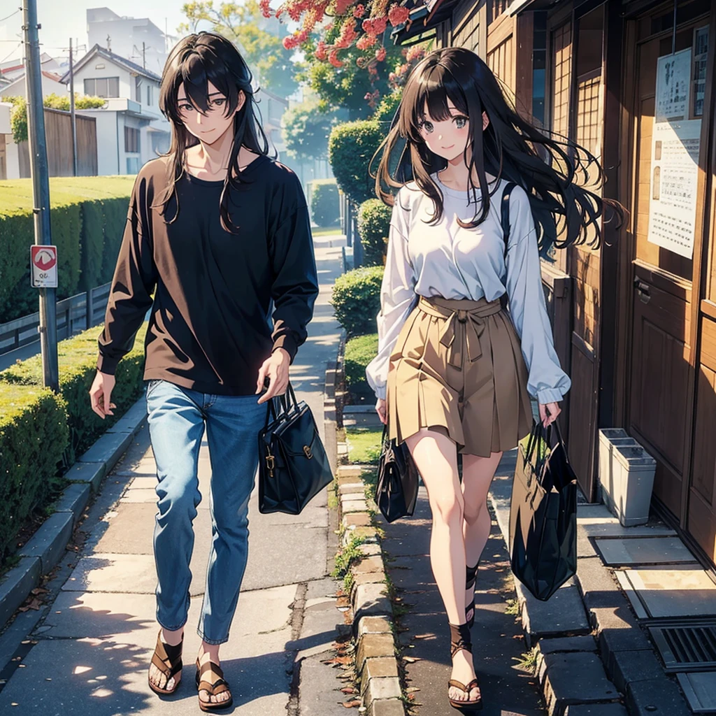masterpiece, Japanese Manga, cute, Lovely, romantic, Highest quality, Other 2, Couple, mature, aldult, Height difference, Different Fashion, Different colors, Casual wear, Long sleeve, smile, Happy, like, whirlwind, blue sky, Long Haired Man, Light brown haired man, Black-haired woman, Black-haired woman