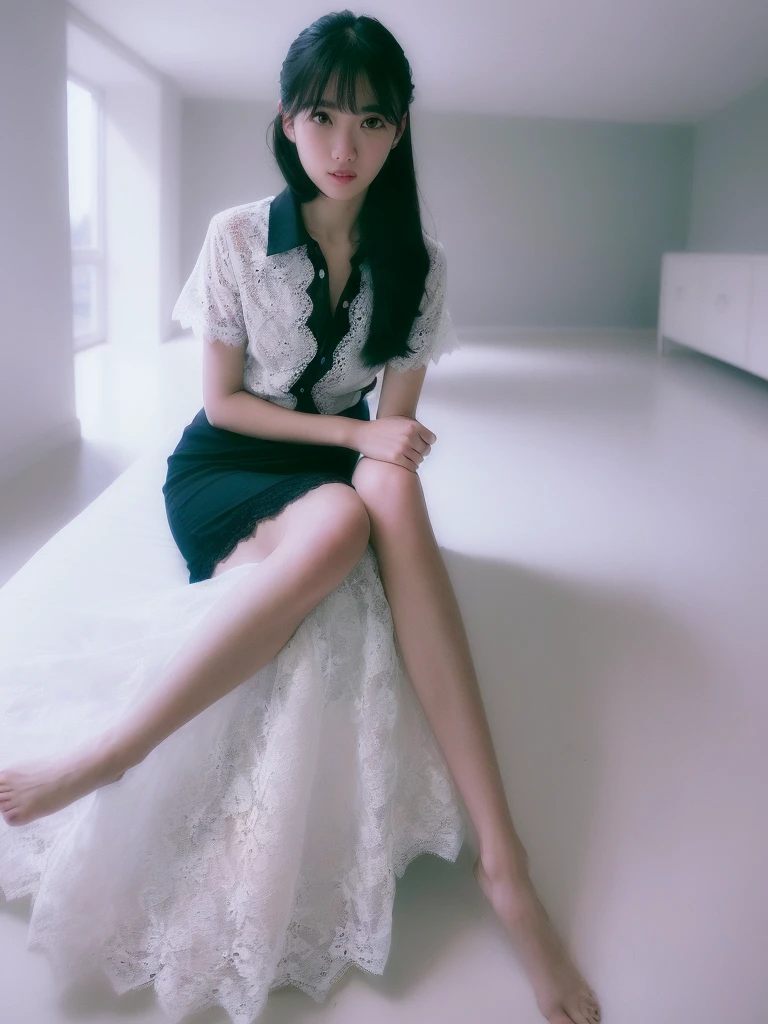 (Highest quality:1.9)、(High resolution)、Live-action image quality、((19 year old female university student、1 person))、Soft lighting by a professional photographer、Natural light、((Very spacious white luxurious room:1.6))、((Bright white room:1.6))、(Standing in front of a very luxurious white bed:1.2)、(White bookshelf background:1.1)、Natural soft light、((Black Hair Color:1.1))、Fair skin、Detailed Eyes、double eyelid、Slightly puffy cheeks、((Small Face:1.0))、((White lace short sleeve shirt、Please wear it with the chest open.:1.7))、((White checked skirt:1.2))、(Cute Smile)、((Girly pose 1.8))、((Straight medium-long hair:1.1))、((Full Body Shot:1.2))、((Height: 145cm))、Hands in front、Hold hands between legs、bangs、