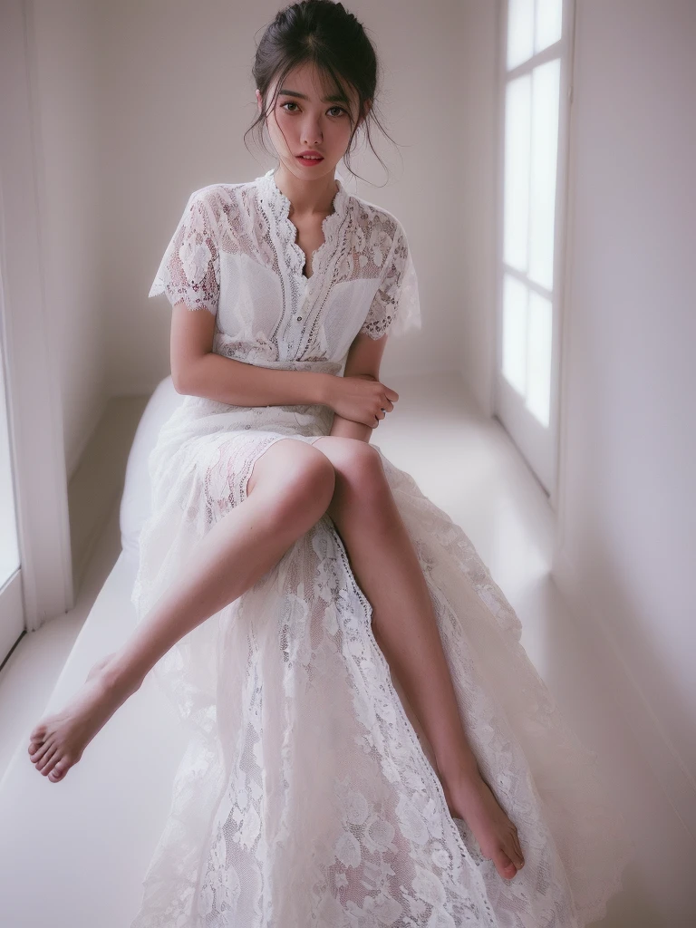 (Highest quality:1.9)、(High resolution)、Live-action image quality、((19 year old female university student、1 person))、Soft lighting by a professional photographer、Natural light、((Very spacious white luxurious room:1.6))、((Bright white room:1.6))、(Standing in front of a very luxurious white bed:1.2)、(White bookshelf background:1.1)、Natural soft light、((Black Hair Color:1.1))、Fair skin、Detailed Eyes、double eyelid、Slightly puffy cheeks、((Small Face:1.0))、((White lace short sleeve shirt、Please wear it with the chest open.:1.7))、((White checked skirt:1.2))、(Cute Smile)、((Girly pose 1.8))、((Straight medium-long hair:1.1))、((Full Body Shot:1.2))、((Height: 145cm))、Hands in front、Hold hands between legs、bangs、