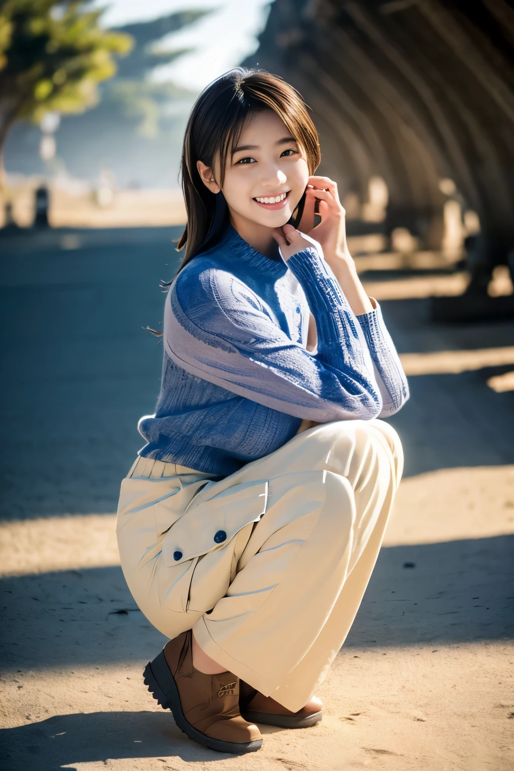 (((Wear a light knit)))、(((smile))),(((cargo pants))),(((1 Girl))),Full Body Shot、At the beach in Shonan、Japanese,16 years old, Medium Black Hair,I have a few freckles,Big Breasts、,Proper body balance,Ultra-high quality output images,High resolution,Intricate details,Her hair blowing in the wind is so delicate and beautiful,Realistic photos,dream-like,Professional Lighting,Realistic Shadows,Focus Only,Beautiful Hands,Beautiful fingers,Detailed characteristics of hair,Detailed facial features, Good style、,,Dynamic pose、、