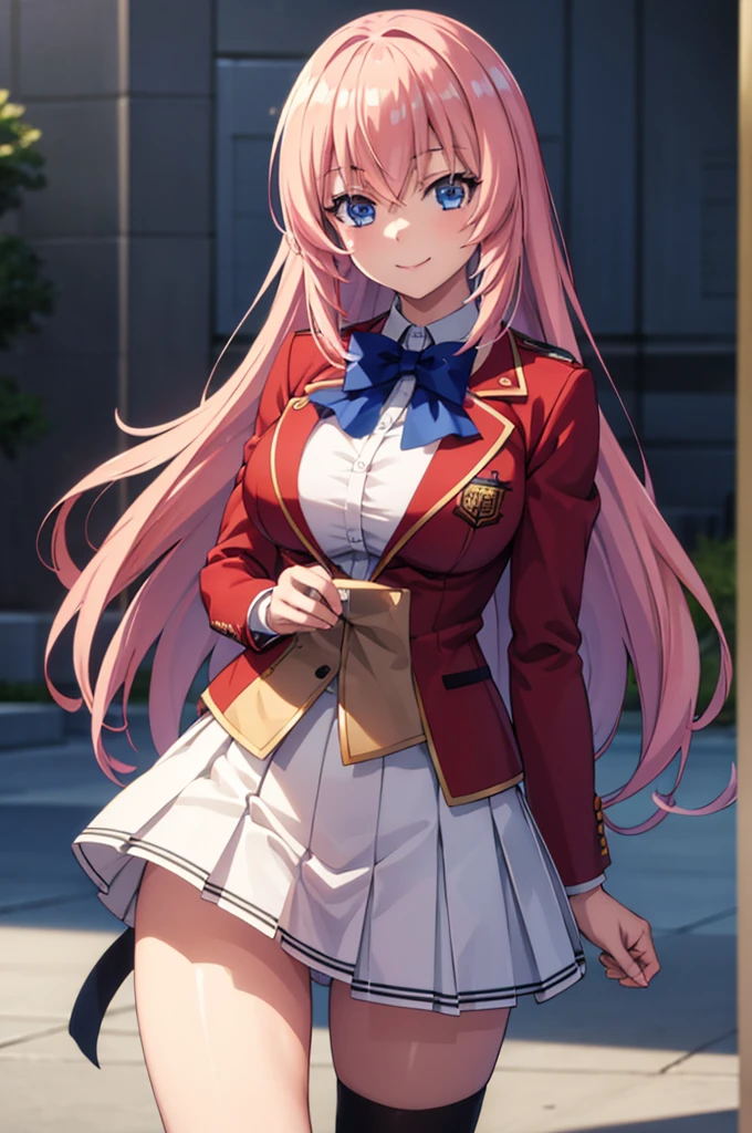 (masterpiece:1.3), (best quality:1.1), (8k, ultra detailed, ultra high res:1.2), ((anime style)), perfect 5 fingers, perfect ???????, standing, (smile),
1girl,
Ichinose honami \(youjitsu\),
long hair, pink hair,
blue eyes, blue bow, large breasts,
red jacket, long sleeves, white skirt, pleated skirt, black calf socks,
BREAK (upper body:1.2), shoot from front,
cowboy shot, perfect light, BREAK (detailed background:1.2), outdoor, outside, city, public,