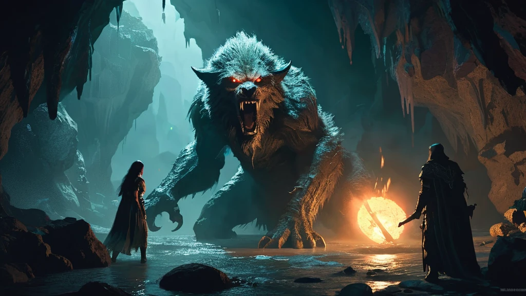 captivating and tense scene in a dark, foreboding cave where a lycan and a girl face each other. The cave is dimly illuminated by the faint glow of bioluminescent fungi clinging to the damp walls and the soft light of a nearby torch, casting eerie shadows that dance across the rocky surfaces.
The lycan, a towering and fearsome werewolf creature with rippling muscles and sharp, glistening fangs, stands poised in a menacing yet wary stance. Its eyes glow with a mix of primal fury and curiosity, fur bristling under the pale light.
The girl, dressed in simple yet sturdy medieval attire, stands her ground with a look of both fear and determination. She holds a small, ancient artifact or talisman that emits a faint, protective glow, hinting at its significance in this tense standoff. Her expression is a blend of bravery and desperation, suggesting a deeper connection or mission involving the lycan.
The cave itself is a labyrinthine structure with jagged stalactites and stalagmites, enhancing the sense of claustrophobia and danger. The ground is uneven and scattered with ancient bones and remnants of past conflicts, adding to the ominous atmosphere.
This image captures a moment of intense confrontation and suspense, blending elements of dark fantasy and medieval adventure, inviting viewers to imagine the story and stakes behind this dramatic encounter.