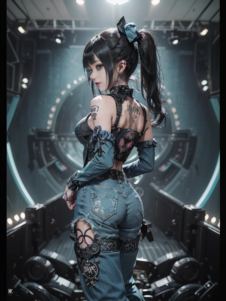 (Full Body View:1.4)、(Back view:1.3)、(Smiling with teeth showing:1.3),(Shibuya Gal:1.5)、(Gothic ta style fashion:1.5)、(Punk RockVisual Kei:1.5)、(Wearing a rhythmic gymnastics bodysuit with intricate details:1.4)、(Racing suit and pants with intricate turquoise, denim and charcoal decorations:1.5)、(Denim and light blue and turquoise boots:1.3)、((belt))、(Numerous delicate logo marks all over the costume:1.4)、(collar:1.3)、(Polka dot underwear:1.5)、20-year-old、NSFWighest quality、In 8K、masterpiece:1.3))、Sharp focus:1.2、(Layered Cut、Huge boobs:1.1),Beautiful woman with perfect figure:1.4、(do a gravure pose:1.3)、Slender Abs:1.2、Highly detailed face and skin texture、Detailed eyes、double eyelid,(Twin tails:1.3)、(Black brown hair:1.3)、Gravure idol、(The background is the stage of the fashion show:1.3)、(Slim body:1.3),(Make your legs thinner:1.4),（clavicle:1.1）