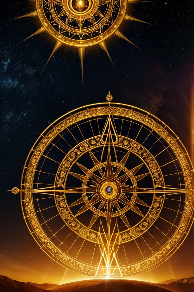 A celestial Ophanim: a luminous golden wheel full of watchful eyes, spinning in harmony with celestial fire between its rings. The golden light emanates from his eyes, creating a sacred and mystical atmosphere in a starry sky.