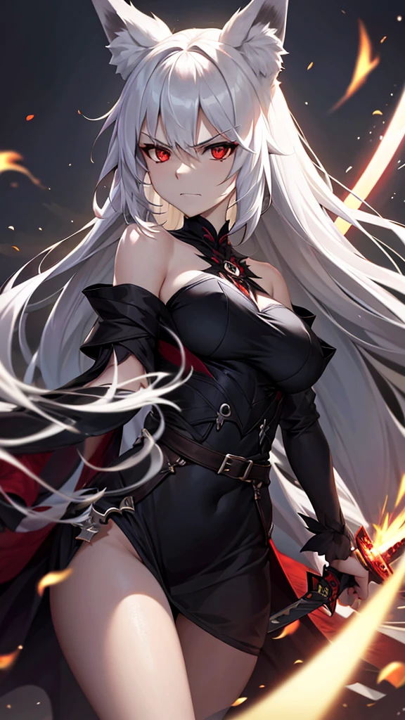 An adult woman half fox and wolf, wide breasts, red eyes, white hair, very angry, in a black little open dress, holding a sword