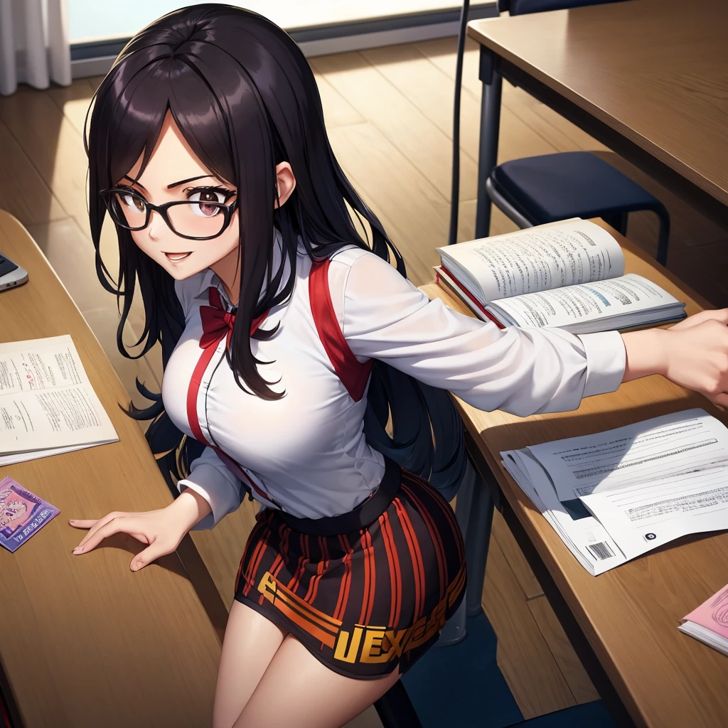 Your influencer character(sexy milf) with long, dark hair dancing on a University Classroom, study table is full of books and notes . She is dressed in a University themed dress with glasses and has a joyful expression on her face. colourful and bright colouring. 