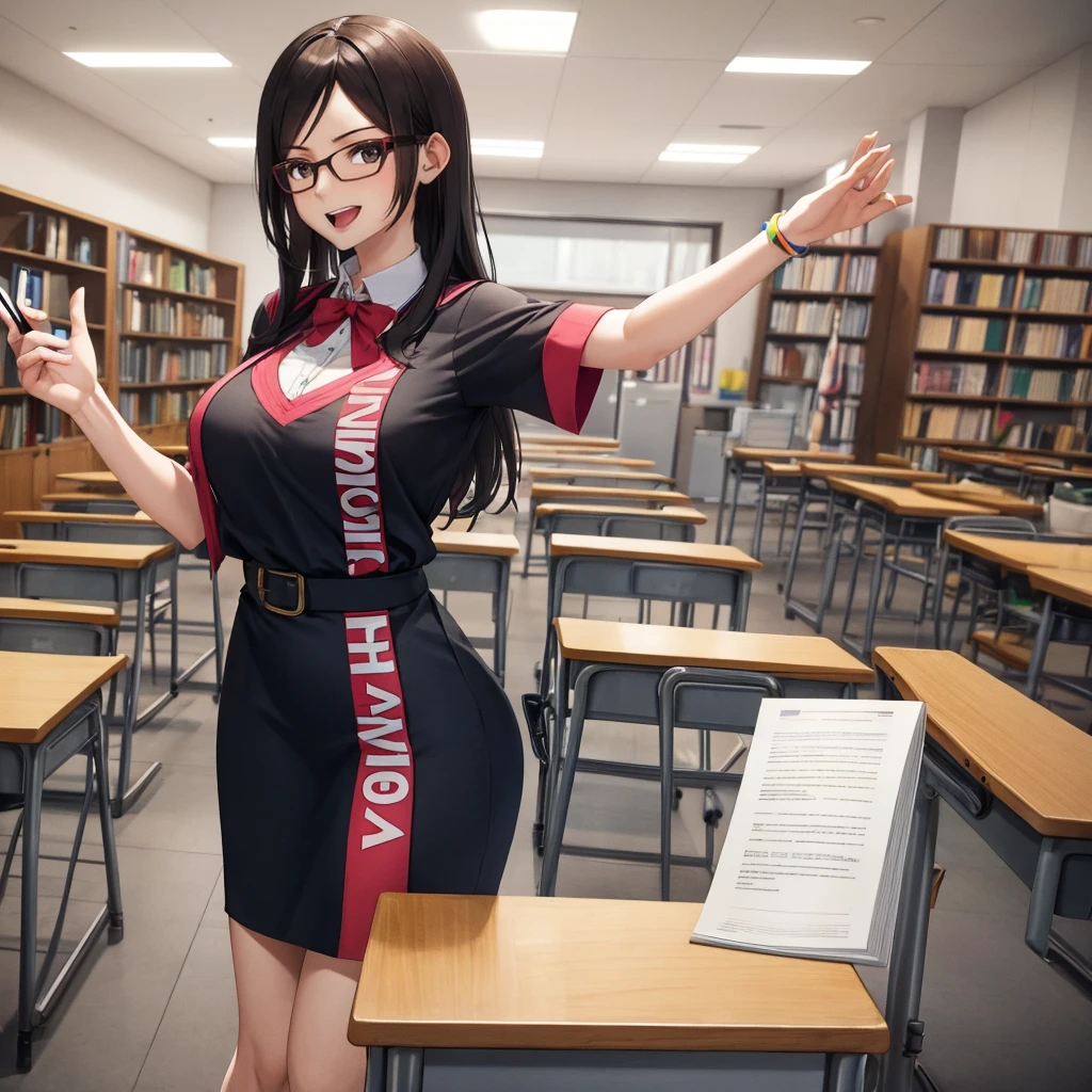 Your influencer character(sexy milf) with long, dark hair dancing on a University Classroom, study table is full of books and notes . She is dressed in a University themed dress with glasses and has a joyful expression on her face. colourful and bright colouring. 