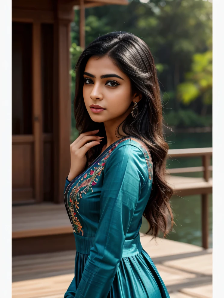 ultra-realistic photographs,Indian Instagram female model,mid 20s,9:16,mid-shot,beautiful detailed eyes,detailed lips,longeyelashes,black stylish hair, naturally full eyebrows,perfectly formed nose,expressive face,attractive appearance,candid photo,vibrant and colorful salwar-kameez dress, heavily embroidered dress, lake background, serene atmosphere,stunning architecture,soft and natural lighting,vivid colors,photorealistic,HDR,highres,studio lighting,ultra-detailed,bokeh,fully covered clothes
