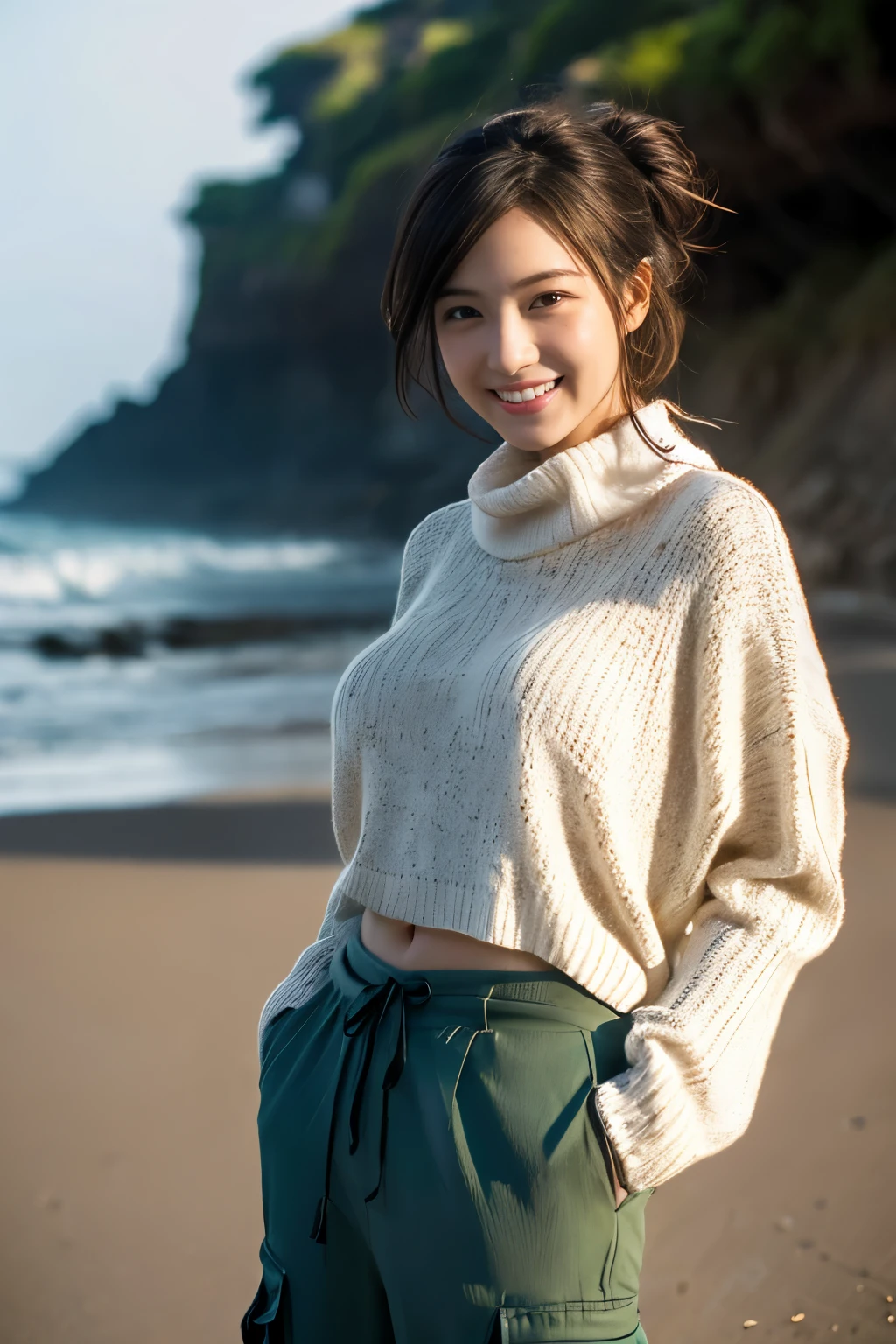 (((Wear a light knit)))、(((smile))),(((cargo pants))),(((1 Girl))),Full Body Shot、At the beach in Shonan、Japanese,16 years old, Medium Black Hair,I have a few freckles,Big Breasts、,Proper body balance,Ultra-high quality output images,High resolution,Intricate details,Her hair blowing in the wind is so delicate and beautiful,Realistic photos,dream-like,Professional Lighting,Realistic Shadows,Focus Only,Beautiful Hands,Beautiful fingers,Detailed characteristics of hair,Detailed facial features, Good style、,,Dynamic pose、、