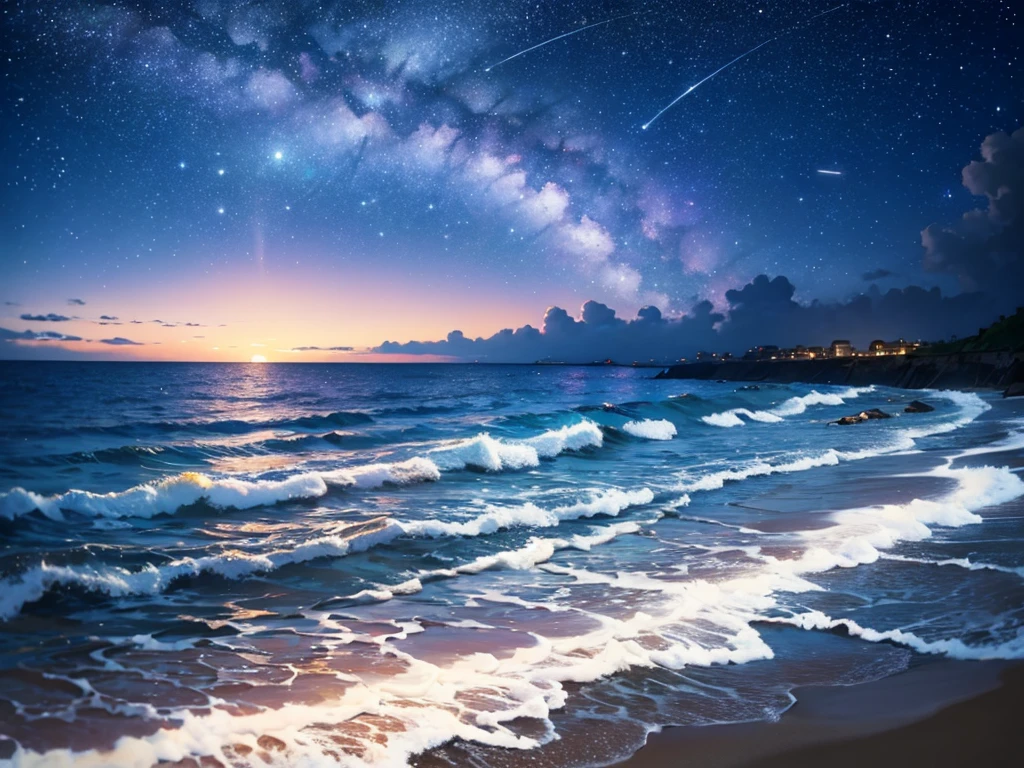 Masterpiece, beautiful beach night view only, no human, starry night, nigh time, a big shooting star.