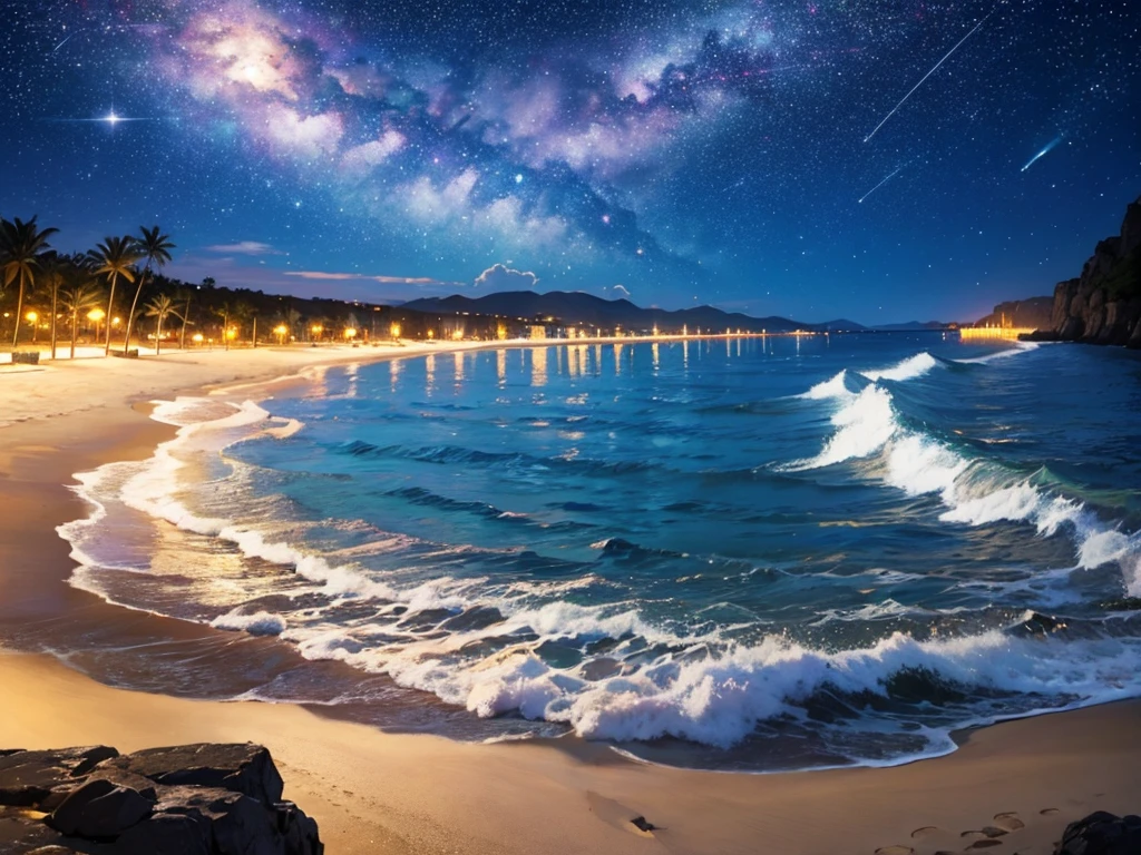 Masterpiece, beautiful beach night view only, no human, starry night, nigh time, a big shooting star.