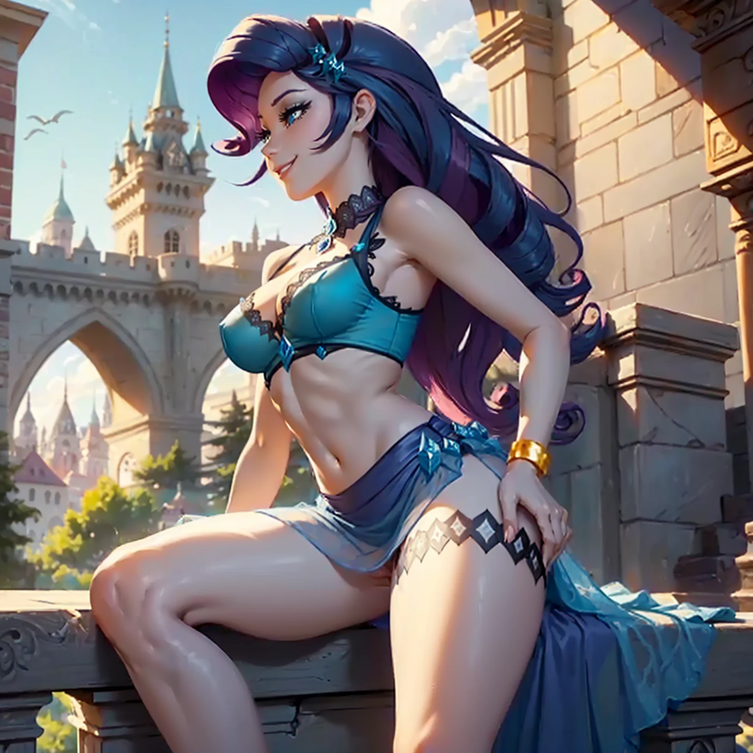 (((beautiful female body))),(((rarity as a sweet charming hot seductive horny princess))) ,(((sit on the fences of castle balcony spread legs)))), (((castle))),(((fantasy city in background))),(((lewd and erotic posing))), (((happy wicked smile))) ,(((wear light blue sheer lace transparent see through very short dress))) ,(((vagina is visible))), (((upskirt view))) , breasts are visible , (((wear high heels))) , golden bracelets , (((perfect big breasts))) , lush breasts , Bulky Breasts , voluminous breasts ,(((peeping the viewer))),(((bare belly))),(((side close view)))