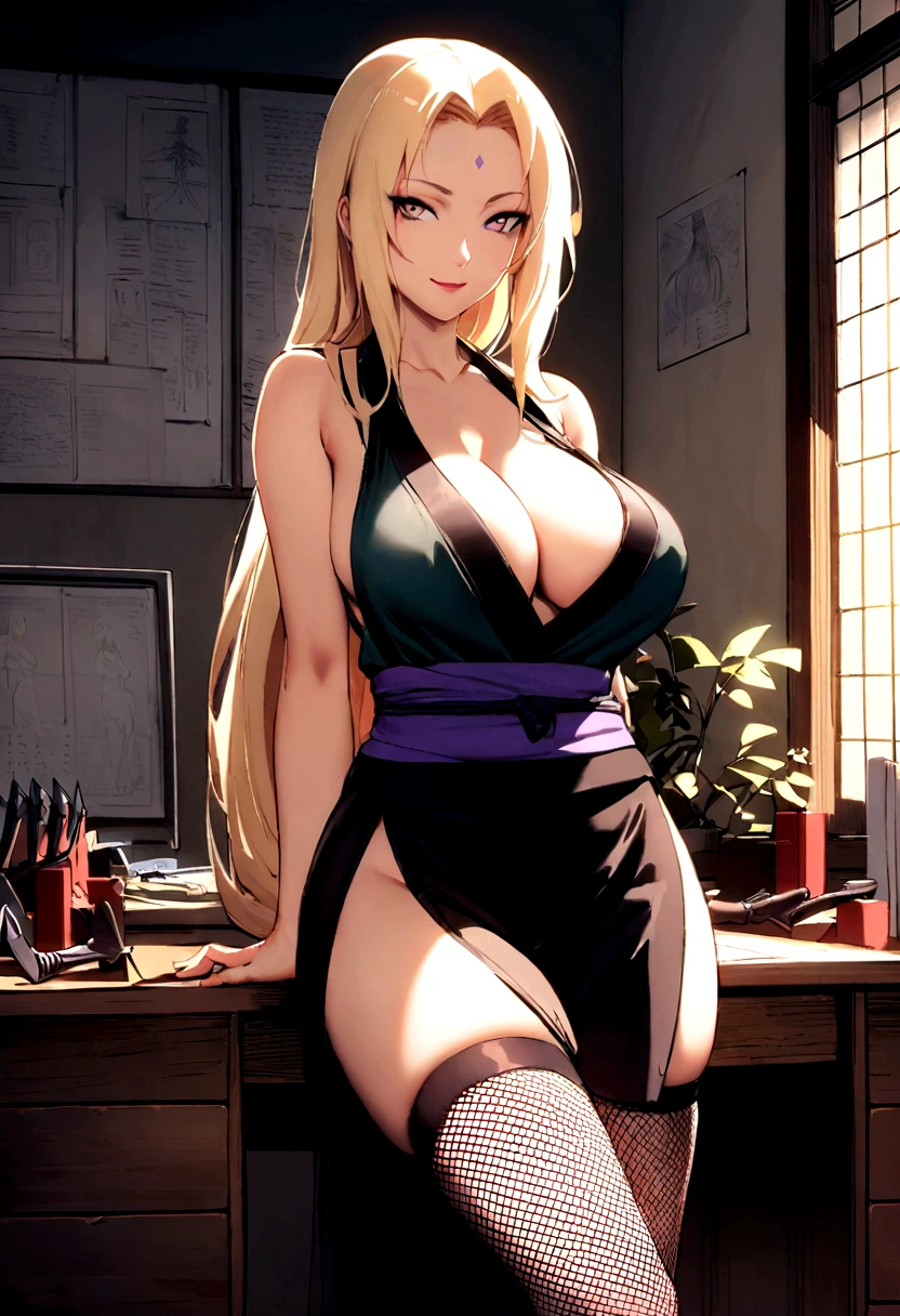 Create an ecchi artwork of Tsunade from Naruto. She is in her office, dressed in a revealing kunoichi ninja outfit that accentuates her curves. The outfit includes a tight-fitting top that shows off her ample cleavage and a short skirt with fishnet stockings. She’s leaning against her desk with a seductive smile, her eyes glancing provocatively towards the viewer. Her long blonde hair cascades down her back, and the lighting in the room casts a warm glow on her flawless skin. The background features a glimpse of her office, with scrolls and ninja tools neatly arranged, adding to the immersive atmosphere.