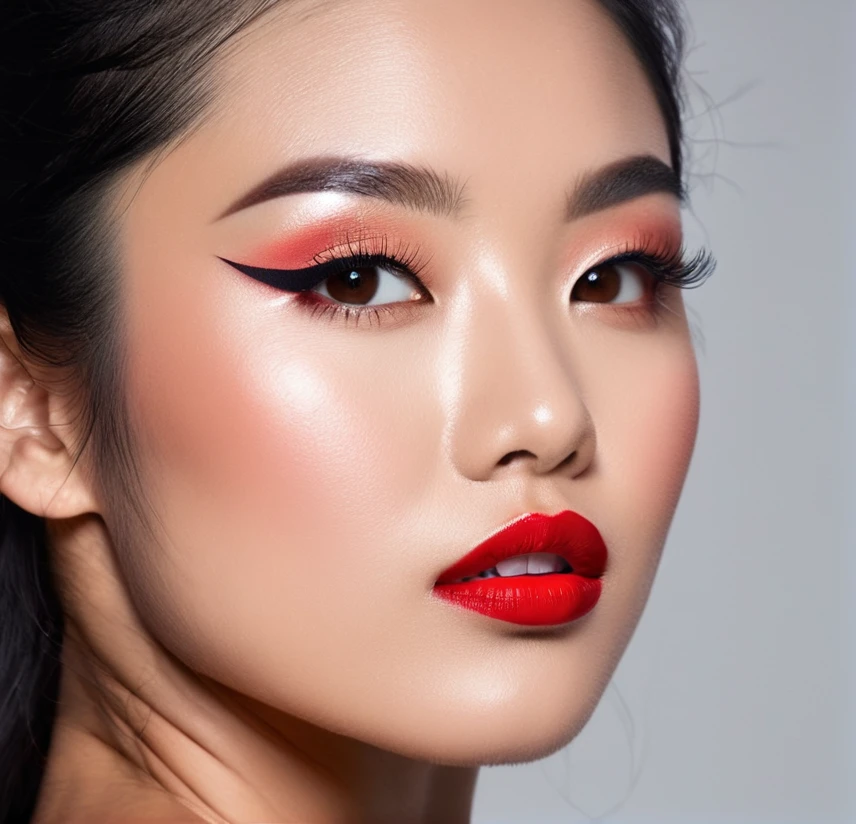 there is a woman with long black hair and a red lipstick, red lipstick on face, woman's face looking off camera, bright red lipstick, an asian woman, detailed face of a asian girl, detailed face with red lips, portrait of mulan, asian face, light-red lips, faint red lips, sexy face with full makeup, closeup shot of face. Close up photoshoot of model face, natural looking eyelash individual extensions, volume eyelash extensions, toned skin, high detailed image, masterpiece, highest quality, model look into space, studio light, white background, 50mm lens, close up portrait, focus on eyes, focus on eyelash extensions, eyelash extensions commercial photoshoot, naked bare shoulders, super realistic image, hith fidelity, high detailed natural looking skin, natural looking eyelashes, masterpiece, UHD, 4k, loreal commercial image, mascara commercial, detailed skin of the face and shoulders with imperfect texture, eyelash extensions, volume eyelash extensions, eyes is a primary part of the image, model shoulders are naked, close up portrait with naked shoulders, Патрик Демаршелье, Patrick Demarchelier style, studio photo sexy model pose