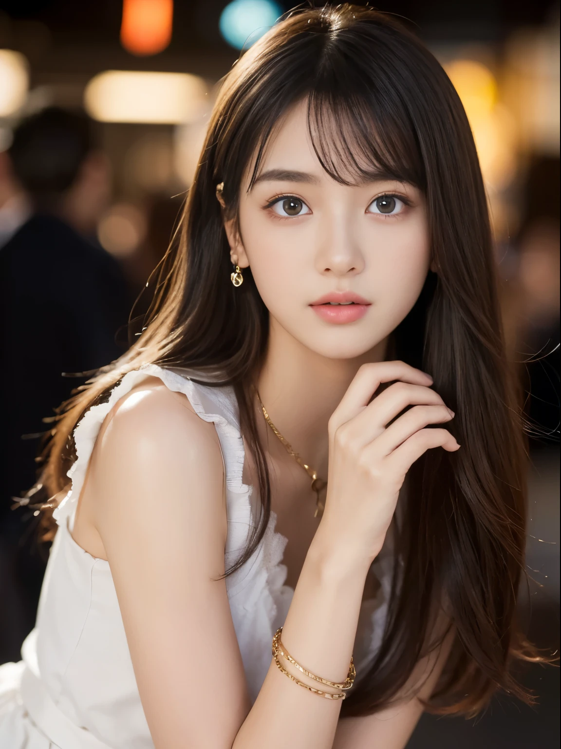 (((32,000,very high resolution, high detail, very accurate,masterpiece girl 1))),raw photo & realistic atmosphere,beautiful dark blue eyes,detailed mouth,shiny lips,detailed eyebrows,Soft white skin that shines down to the smallest detail,,Draw the eyes in detail、very beautiful eyes with blue eyes,detailed mouth술、very beautiful face,Very well-formed face、lifelike face,shiny beautiful lips,beautiful eyebrows,infinite reality,best design,(Incredibly cute 17-year-old Japanese high school girl,solid body,thighs thighs thighs thighs,slim legs,beautifully shaped breasts,very cute beautiful girl,:1.4),The best natural makeup,Japan's island,Korean idol,Young and sensuous idol,moist eyes,Dark and beautiful eyes,beautiful ass,beautiful bridge,,camel's foot,:1.3),Super high resolution、,Natural and realistic face,backlighting,Pure eyes are so cute,(((photorealism,take a full body picture))),,reality live action,(Stylish looking earrings,,necklace,bracelet,Gyuru,glossy nail art,girlish clothes,,Girlish clothes,Dress like a virgin,Glossy light brown,,fluffy perm,medium hair,solo,~to:1.7),Shibuya's nightlife district(giant ,attractive,turned:1.5)