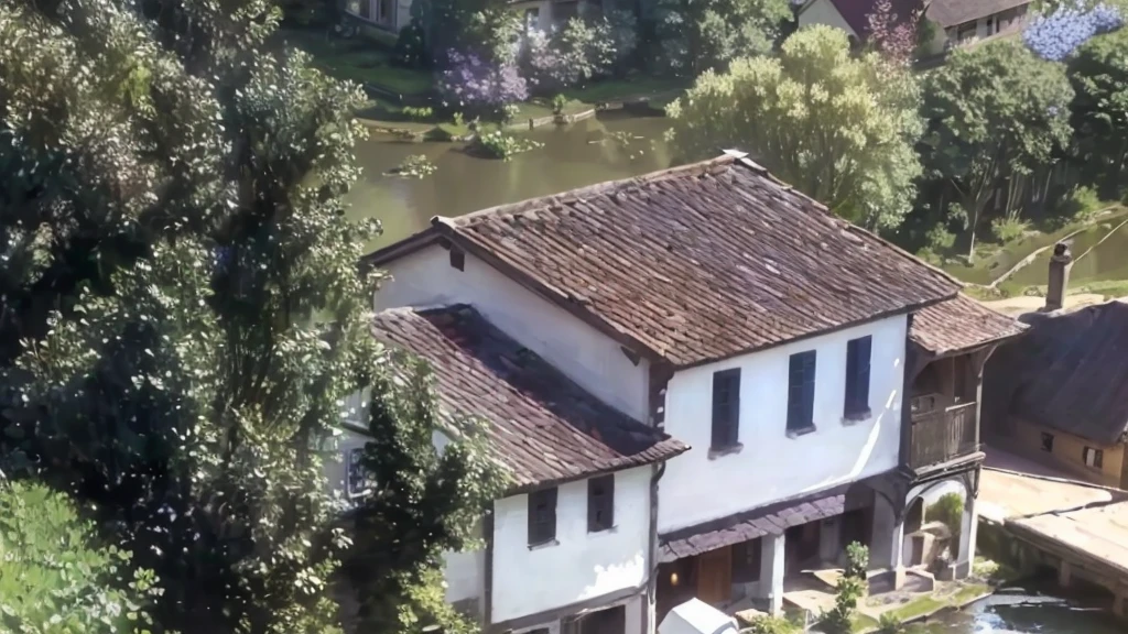 there is a white house with a brown roof and a brown roof, building along a river, colonial house in the background, small town house, small town, old house, stream flowing by the house, photo taken from above, gui guimaraes, viewed from the top, video still, close de cima, from above view, shot from 50 feet away, Farm house, lighting and colors in the Impressionist Claude Monet style with shades of lilac, blue and yellow, an atmosphere of speed and power - Claude Monet style impressionist painting