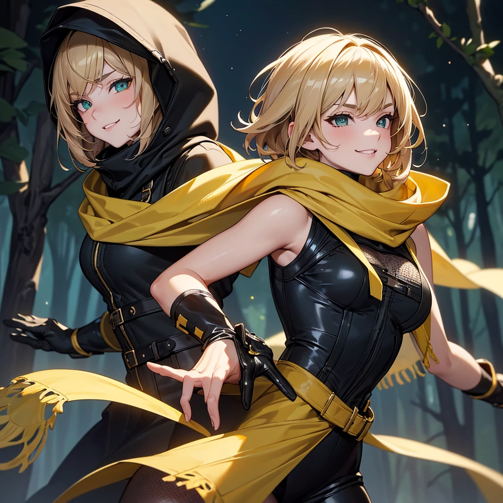 (Super detailed:1.3), ((((best quality)))), ((masterpiece)), female focus, solo, powerful glow, detailed face, detailed eyes, detailed lips,dark forest background,(starry night sky), blue moon,((dirty blonde hair)),short hair,shaggy hair, (brown thief attire), (wearing hood:1.3), green eyes, (pale skin:1.2),((smirk)),almond-shaped eyes,cute face,close-up shot, depth of field, (yellow scarf:1.2),(black hood:1.2),young girl,(ager),(goggles:1.2),(black mesh undershirt:1.3),brown corset, European ninja,sleeveless,gloves