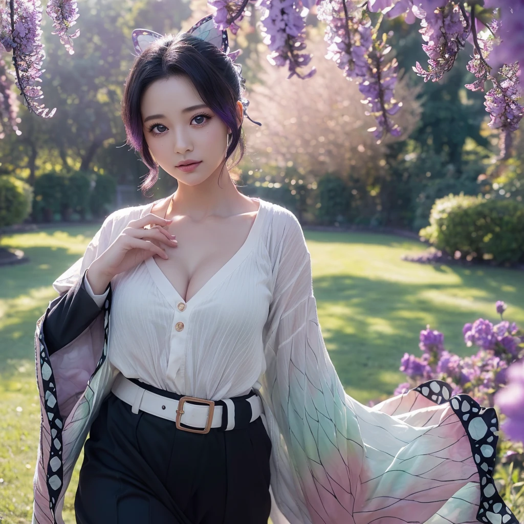Ultra-realistic 8k CG,masterpiece,((ultra-detailed background, delicate pattern, intricate details)),best quality,very detailed face,extremely detailed eyes and face,extremely detailed eyes,kochou shinobu,multicolored hair,no bangs,hair intakes,purple eyes,forehead,black shirt,black pants,haori,butterfly,buttons,belt,(Garden:1.2),purple flower,chibi,cloudy sky,sunlight,Tindal effect,gradient_sky,face,Gorgeous sky,Waist Sabre,Charming posture,