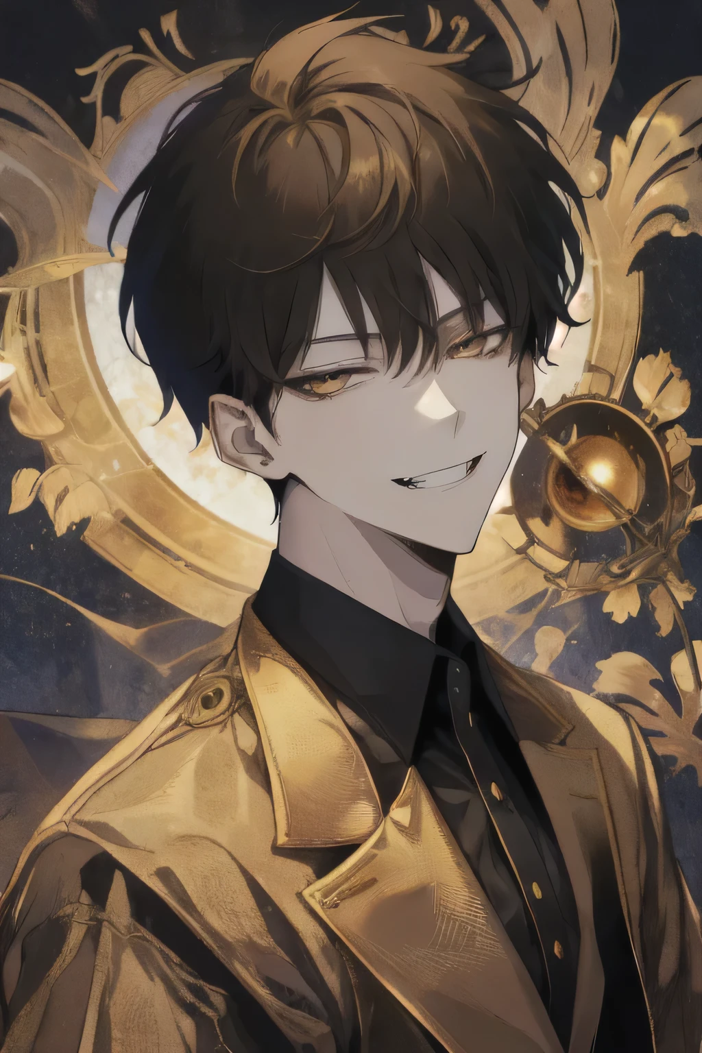 1 guy, (sly smile), short hair, (black hair), (golden eyes, amber eyes, Brown eyes), small fangs, portrait, (detailed face, Detailed eyes), shirt, mantle, mystery, (the villain), Sits and looks at the viewer