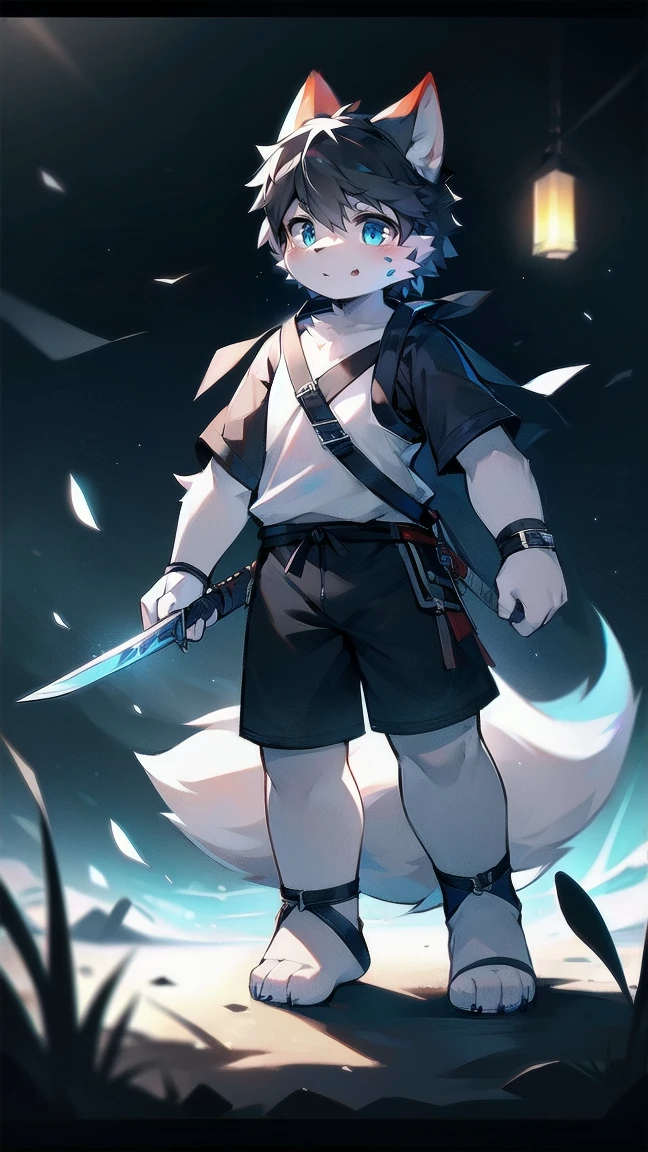 White Wolf,black hair,Sky blue eyes,hairy,Wolf ears,Wolf tail,Full body portrait,The character is in the center of the frame,Handsome,Confident eyes,male,juvenile,Black and white combat uniform,Red neck bib,Black shorts,Short sleeve,hairy arms and legs,Dark background,Dark battlefield,dawn,sunrise,dawn,illumination,shadow,Swordsman,Scabbard and sword,Hold the hilt of a sword in your hand,The scabbard is at the waist,Highest quality,only one people