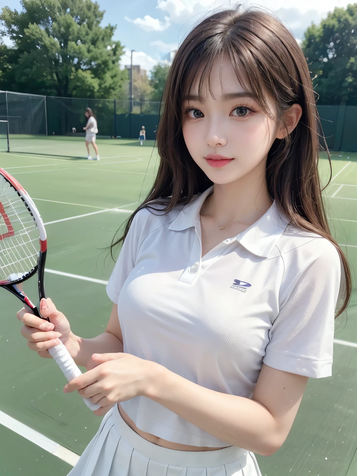 ((masterpiece: 1.3),8K, Realistic, RAW Photos, Highest quality: 1.4), (One Girl), beautiful顔, (Realistic Face), (Brown long hair: 1.3), bangs, Anatomically correct fingers、Anatomically correct hand、(Tennis court、Tennis ball)、(((Tennis Wear, White polo shirt, White sneakers, White mini skirt, )))、Perfect dynamic composition,(High quality with attention to detail, Realistic depiction of eyes:1.3)、whole body、The whole is facing forward、21talent、beauty、Well-formed face、Bangedium Build、Balanced ratio、beautiful足、Fresh face、beautiful景色、beautifulヘアスタイル, (bangs), (smile), smile, Realistic eyes, Gloss, highlight, highlight in the Eyes, eyelash, 目の中のbeautifulディテール, (Realistic Skin), Shooting from the air、beautiful肌, Transparency、(beautiful)、 bust, smile, teeth, Confused, charm, 超High resolution, Ultra-realistic, High resolution, Golden Ratio, Clear eyes, Wet, Mole, Looking into the camera, ear, Shine, Long neck, double eyelid, Big eyes, cheek, kind character, charm personality, kind, Move, 圧倒的なcharm, bright personality