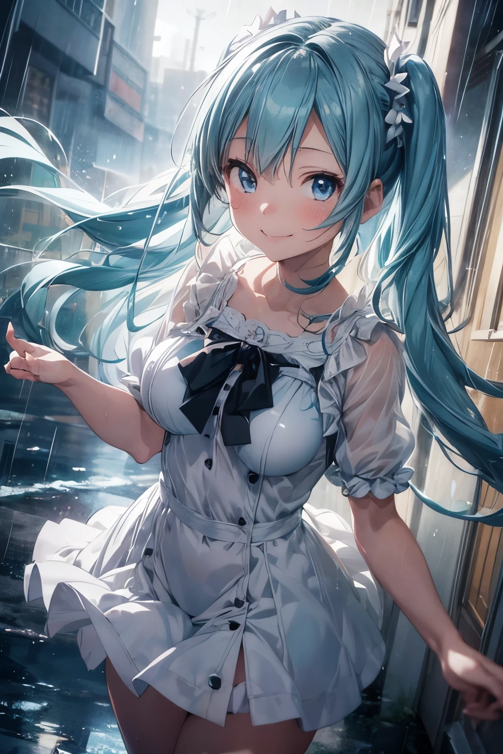 a young anime girl wearing a white dress, smiling happily as she is caught in a rainy weather, high angle view, miku hatsune, detailed face, long hair, hands outstretched, detailed clothing folds, realistic rain drops, dramatic lighting, soft pastel colors, cinematic composition, photorealistic, 8k, highly detailed, masterpiece