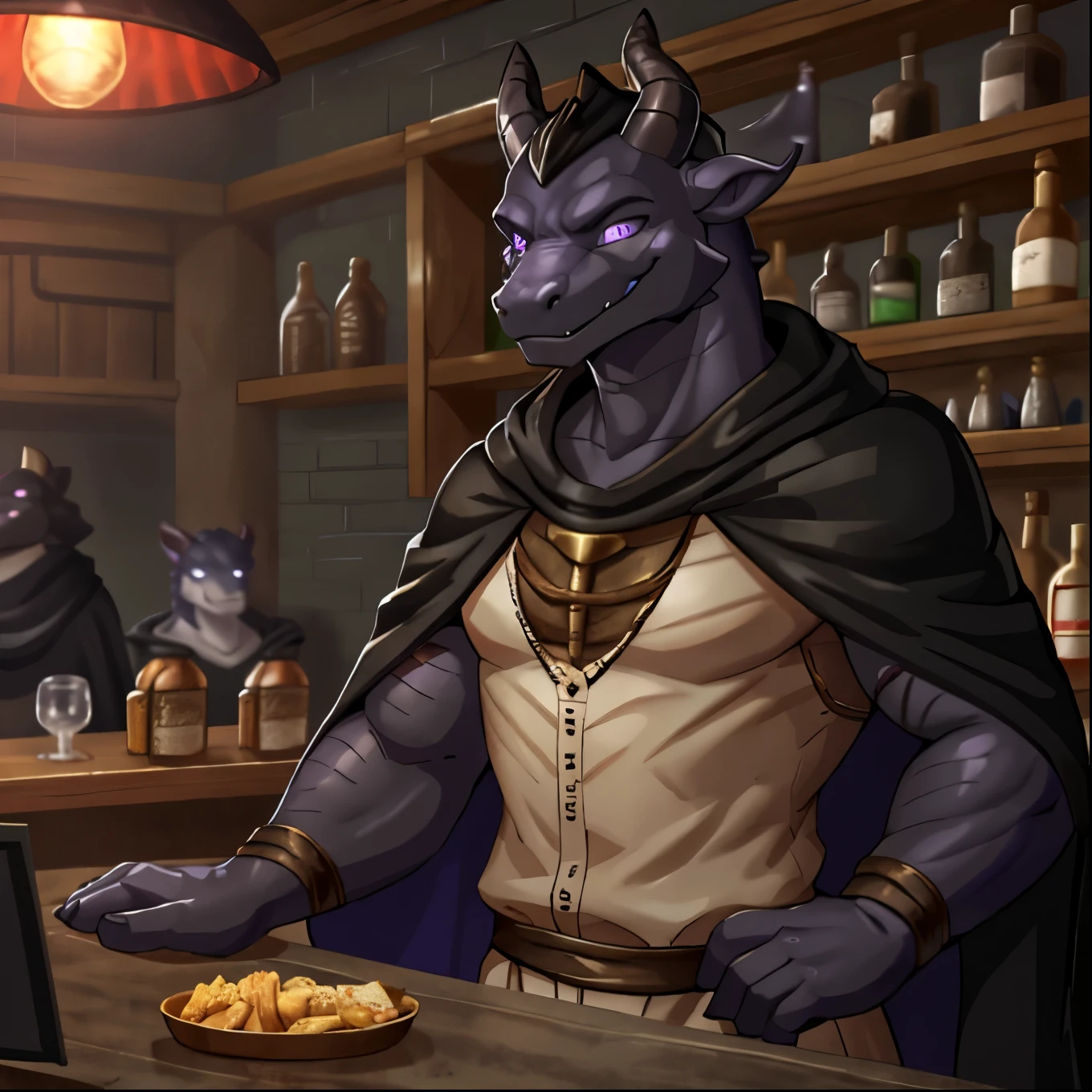 (Young Dragonborn、ancient time Bar Master、dark magic bar、Standing behind the counter、Clasp your hands in front of you)Black body、Black cloak、ancient like clothes、Narrowed Eyes with mischief Smile、A toned, dragon body、Four black horns、Dimly sparkling purple eyes、Dark Tavern、Inside the store、cool、front、