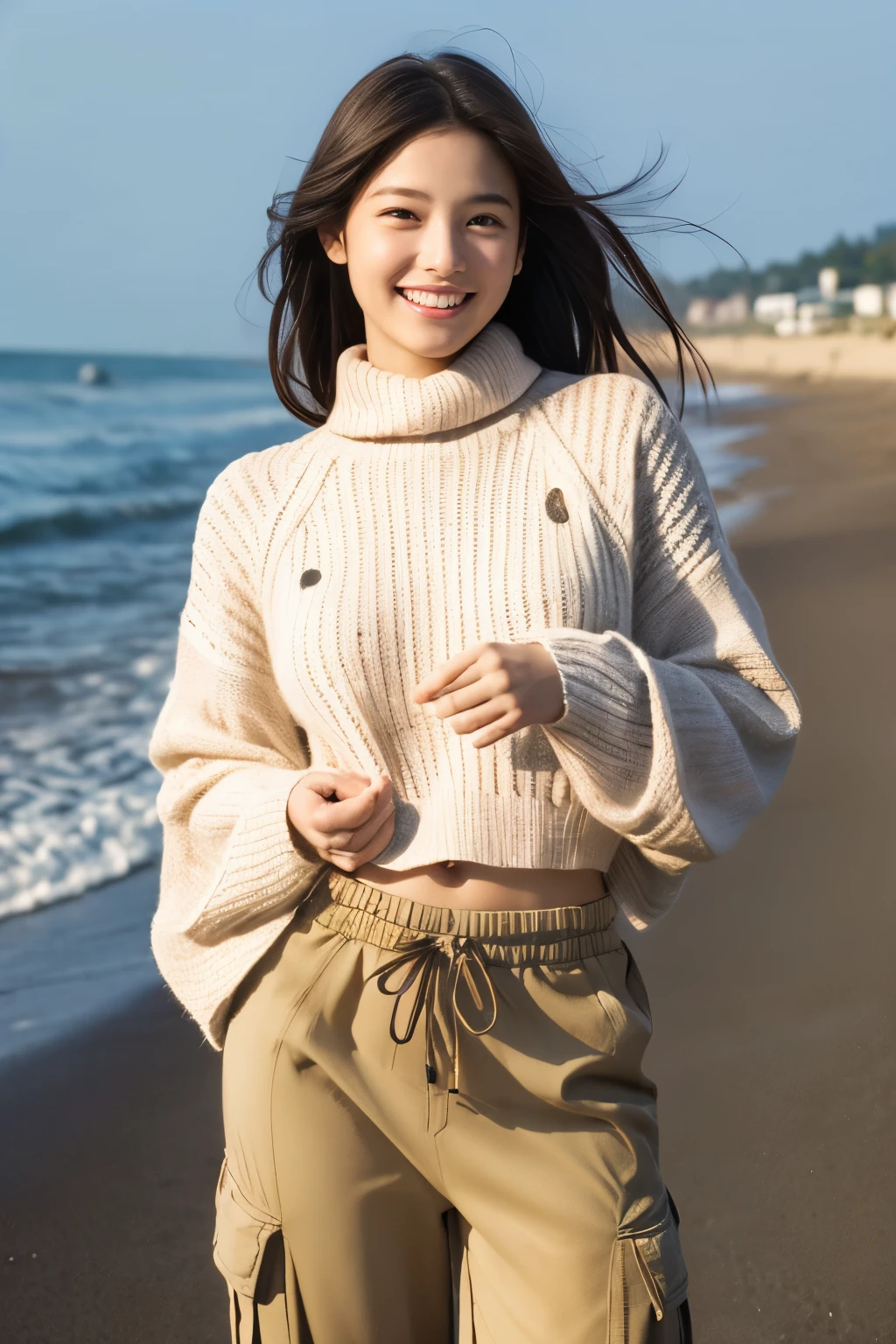 (((Wear a light knit)))、(((smile))),(((cargo pants))),(((1 Girl))),Full Body Shot、At the beach in Shonan、Japanese,, Medium Black Hair,I have a few freckles,Big Breasts、,Proper body balance,Ultra-high quality output images,High resolution,Intricate details,Her hair blowing in the wind is so delicate and beautiful,Realistic photos,dream-like,Professional Lighting,Realistic Shadows,Focus Only,Beautiful Hands,Beautiful fingers,Detailed characteristics of hair,Detailed facial features, Good style、,,Dynamic pose、、