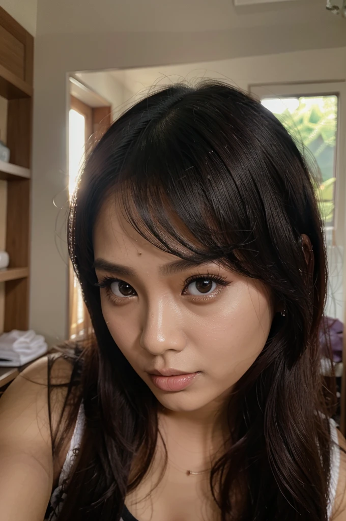 Seorang wanita cantik sedang berciuman bibir dengan seorang laki laki tampan di ruang tamu